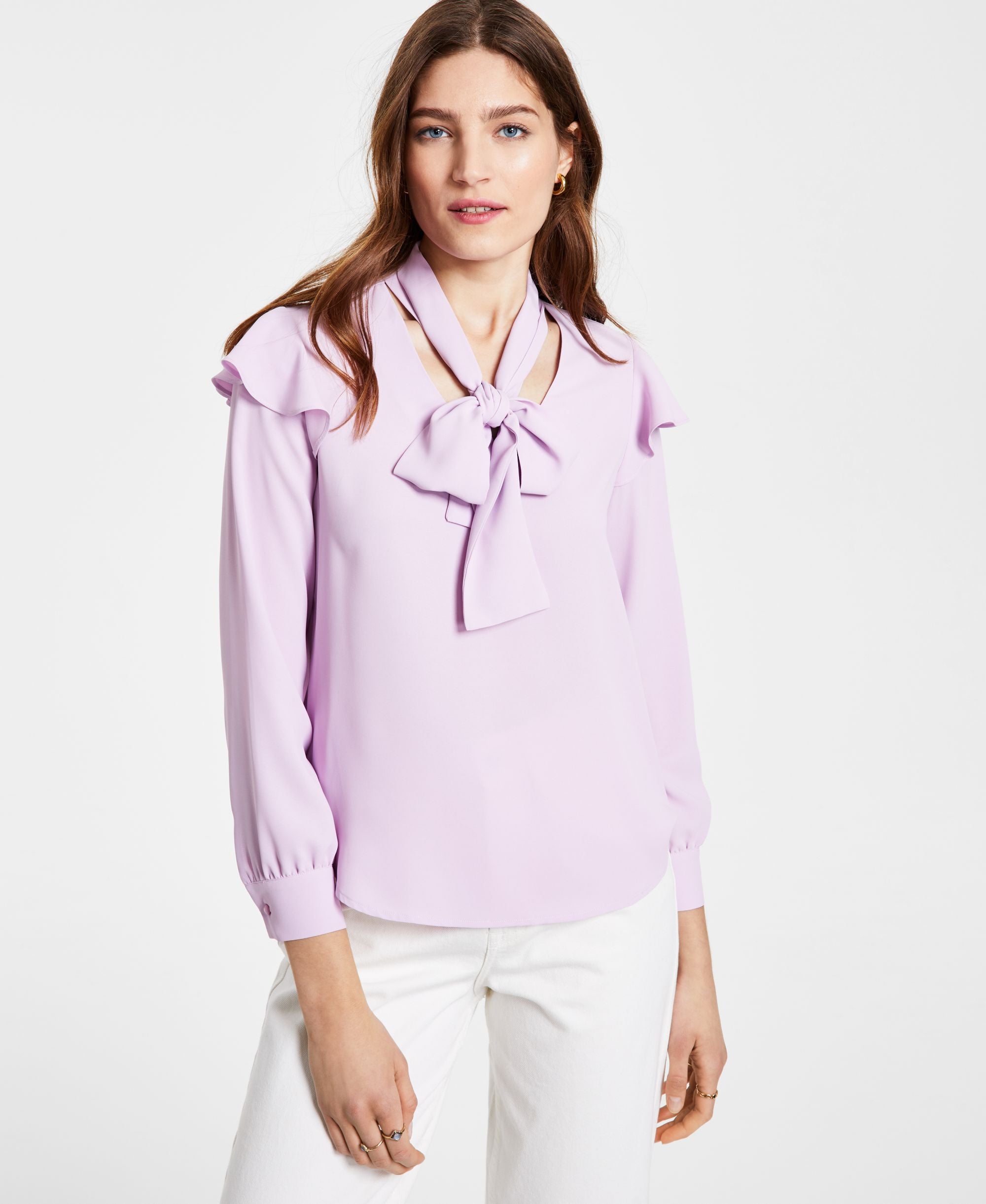 Bar III Bow Neck Ruffled Shoulder Signature Blouse