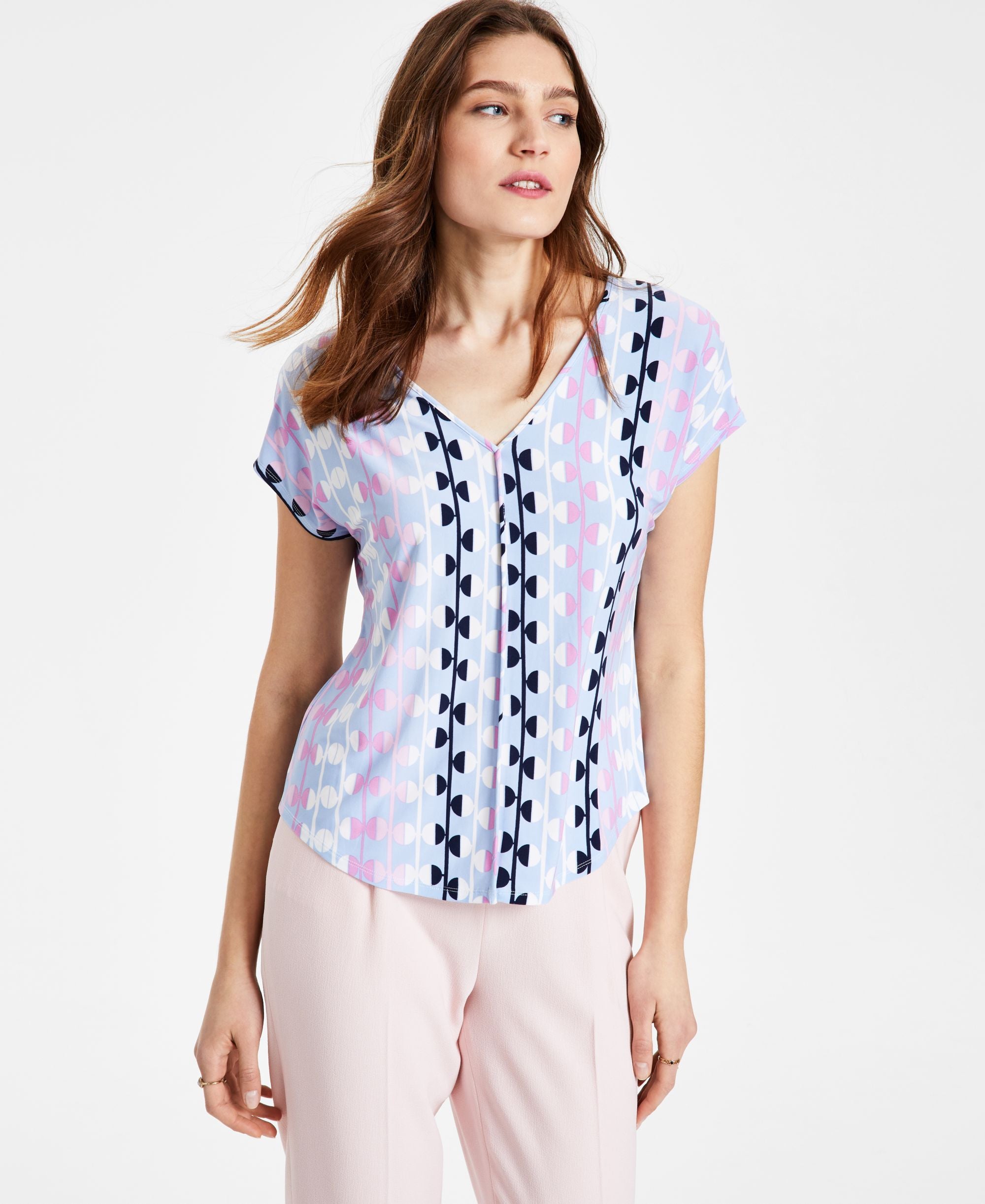Bar III Printed Seamed V Neck Premium Top
