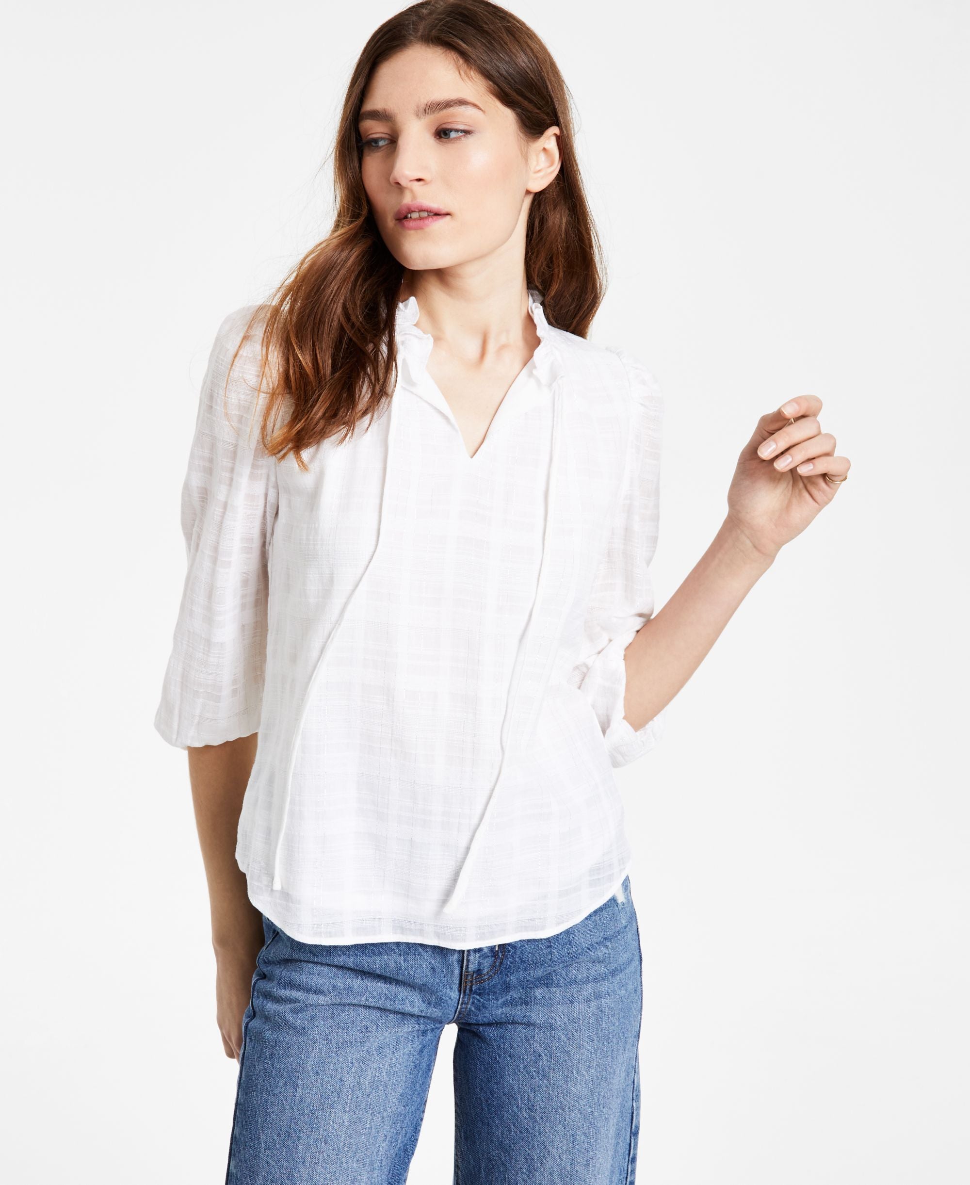 Bar III Womens Ruffled Metallic Peasant Tie Ftont Premium Top