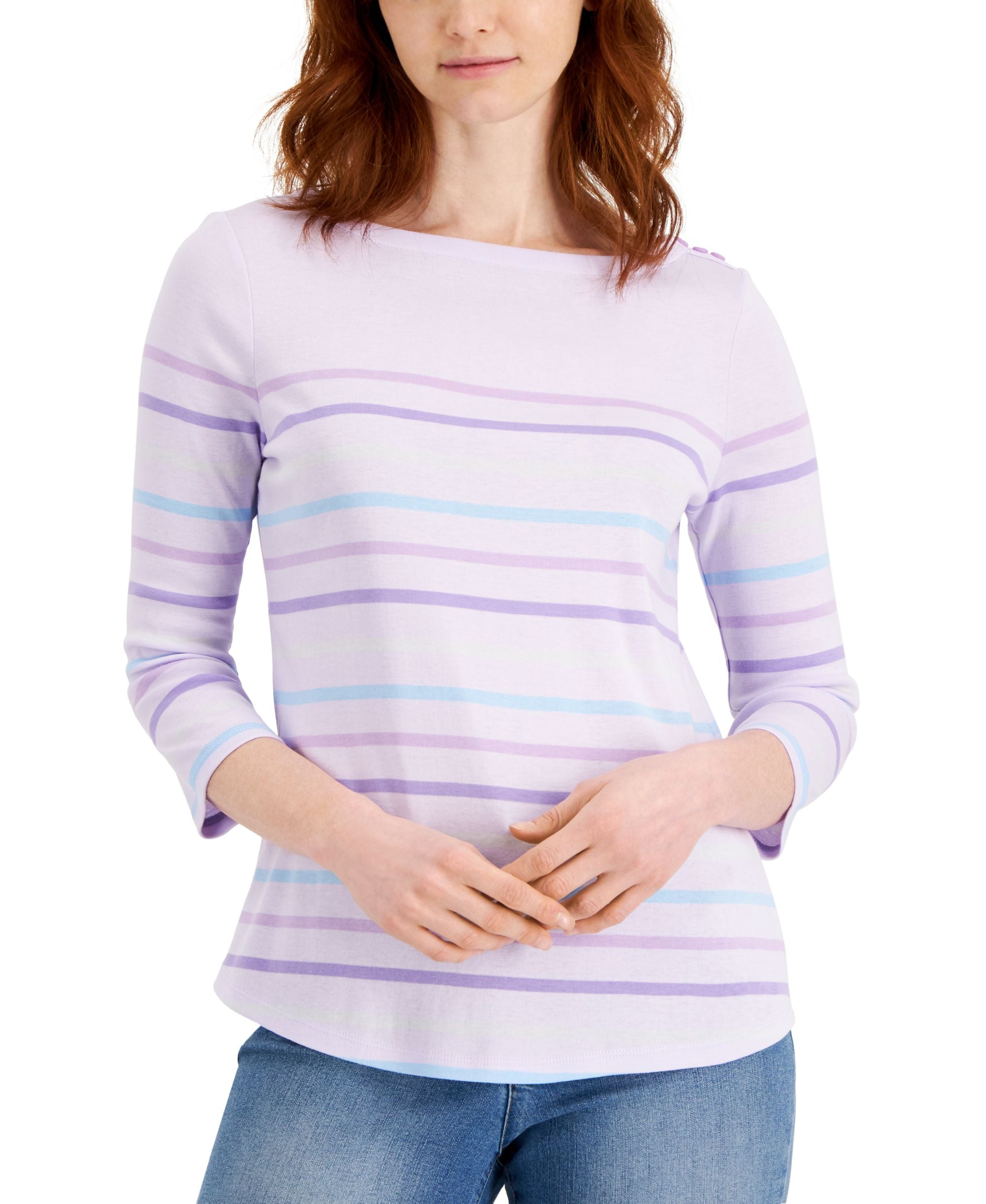 Charter Club Striped Knit 3/4 Sleeve Boat Neck Premium Top