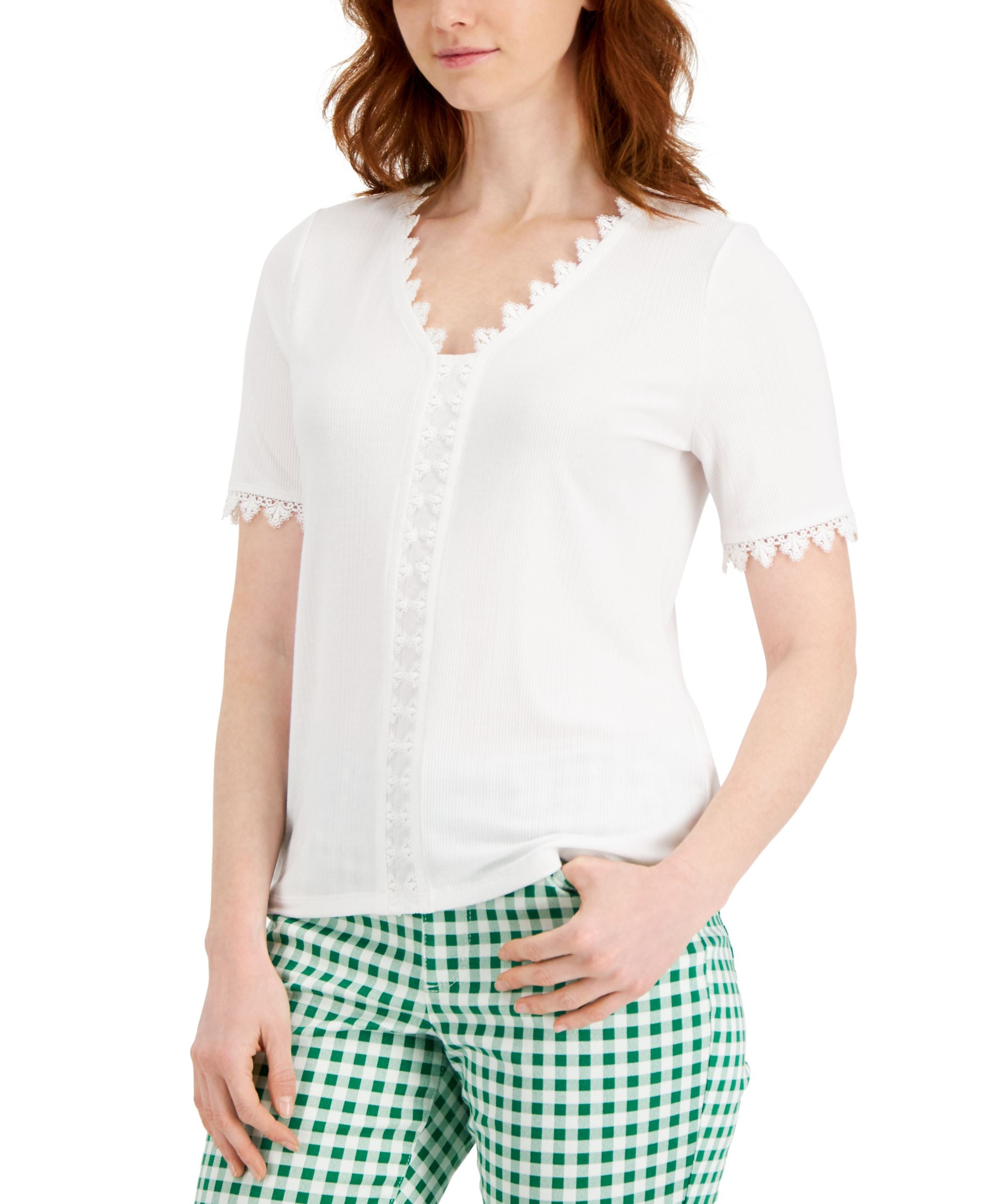 Charter Club Lace-Trimmed V-Neck Premium Top