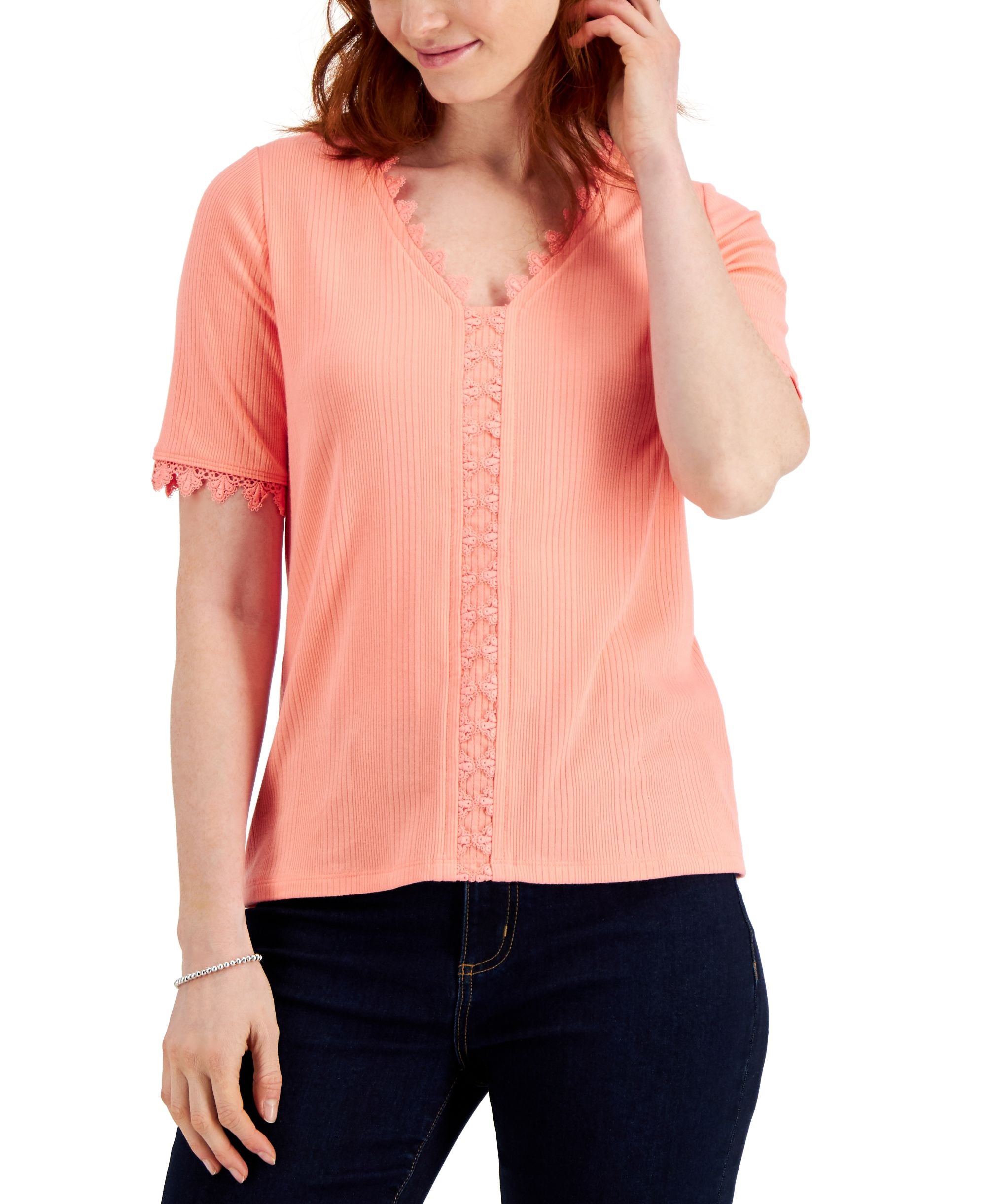 Charter Club Lace-Trimmed V-Neck Premium Top