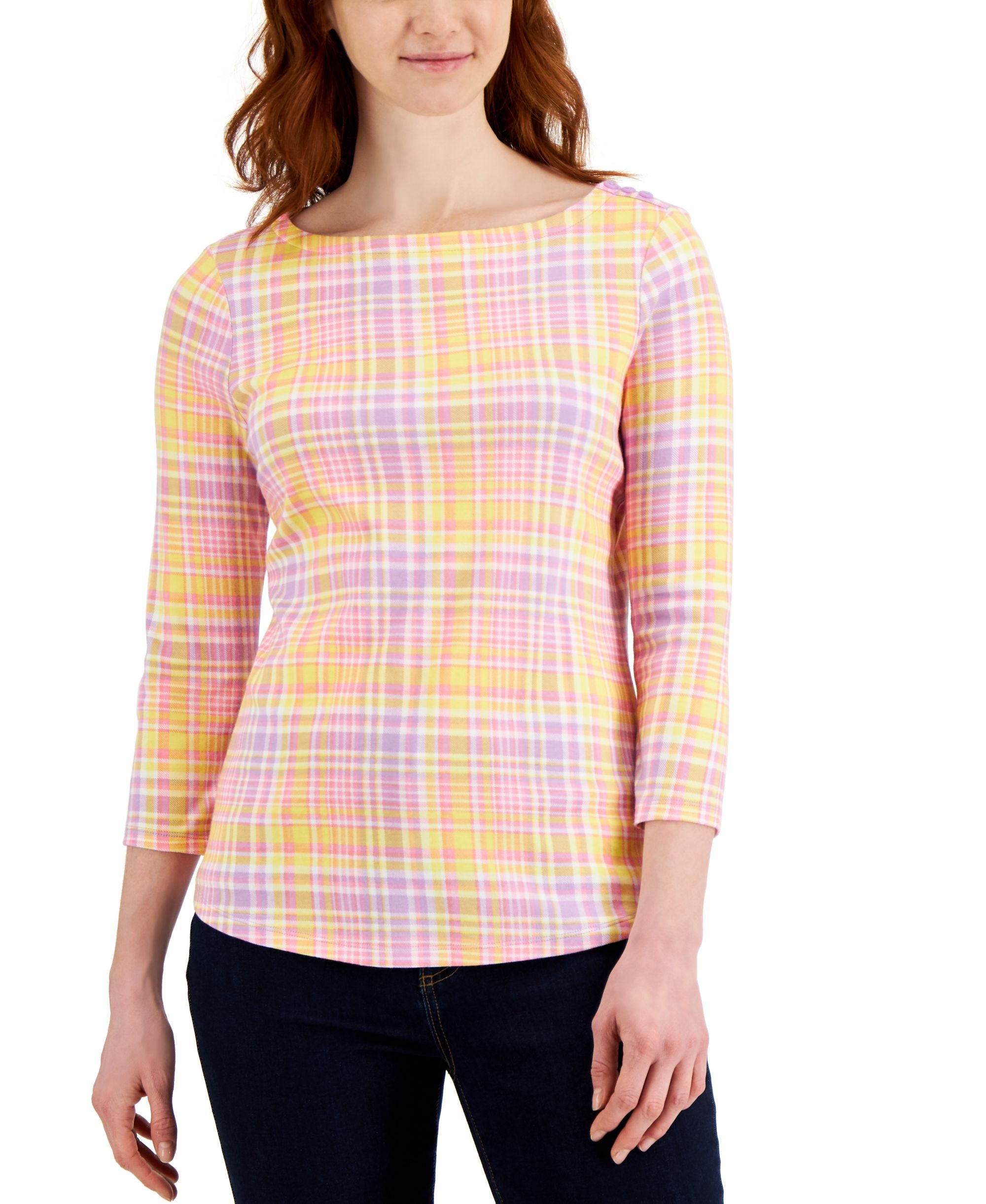Charter Club Printed 3/4 Sleeve Boat Neck Premium Top