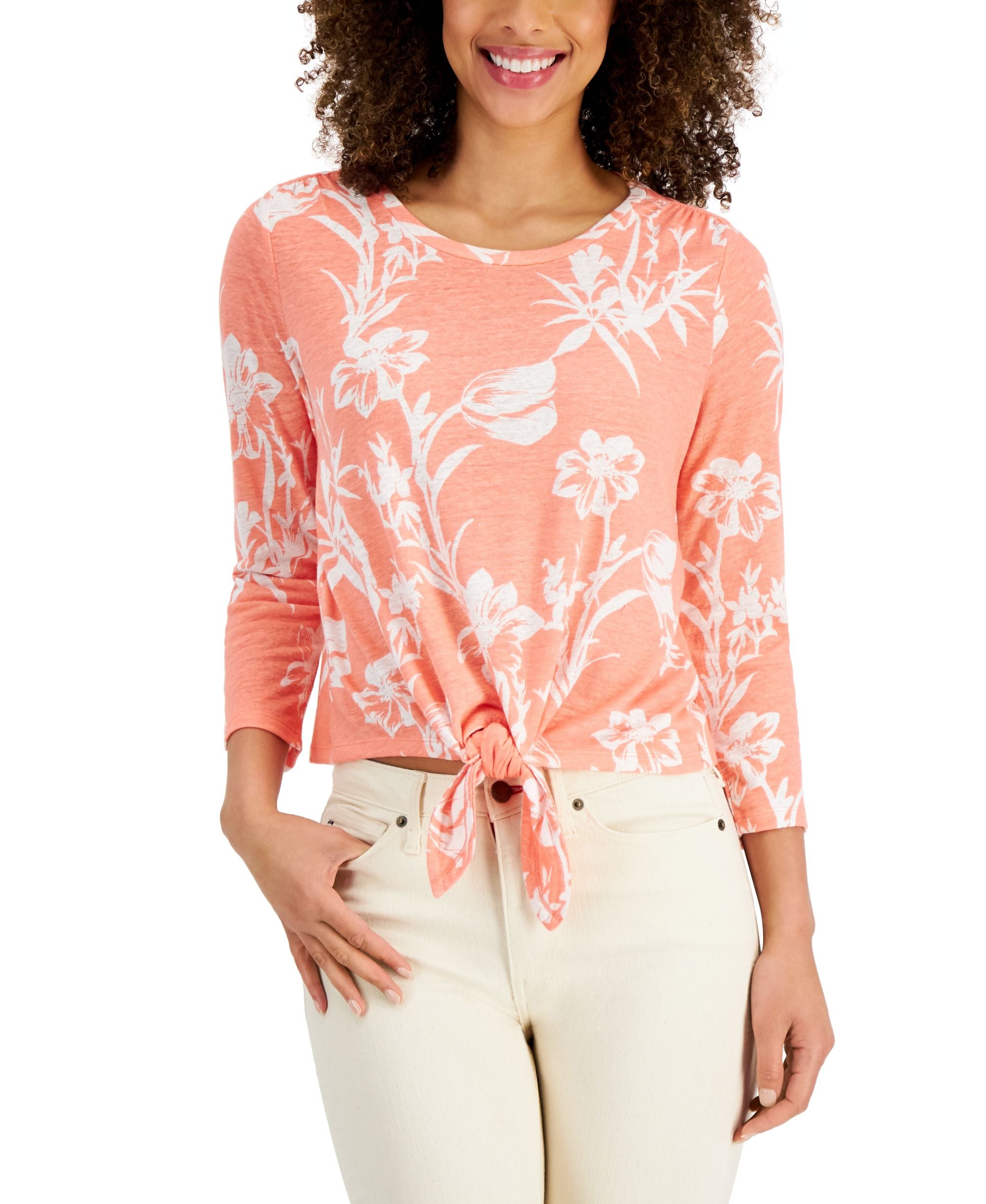 Charter Club Floral Print Tie Hem Premium Top