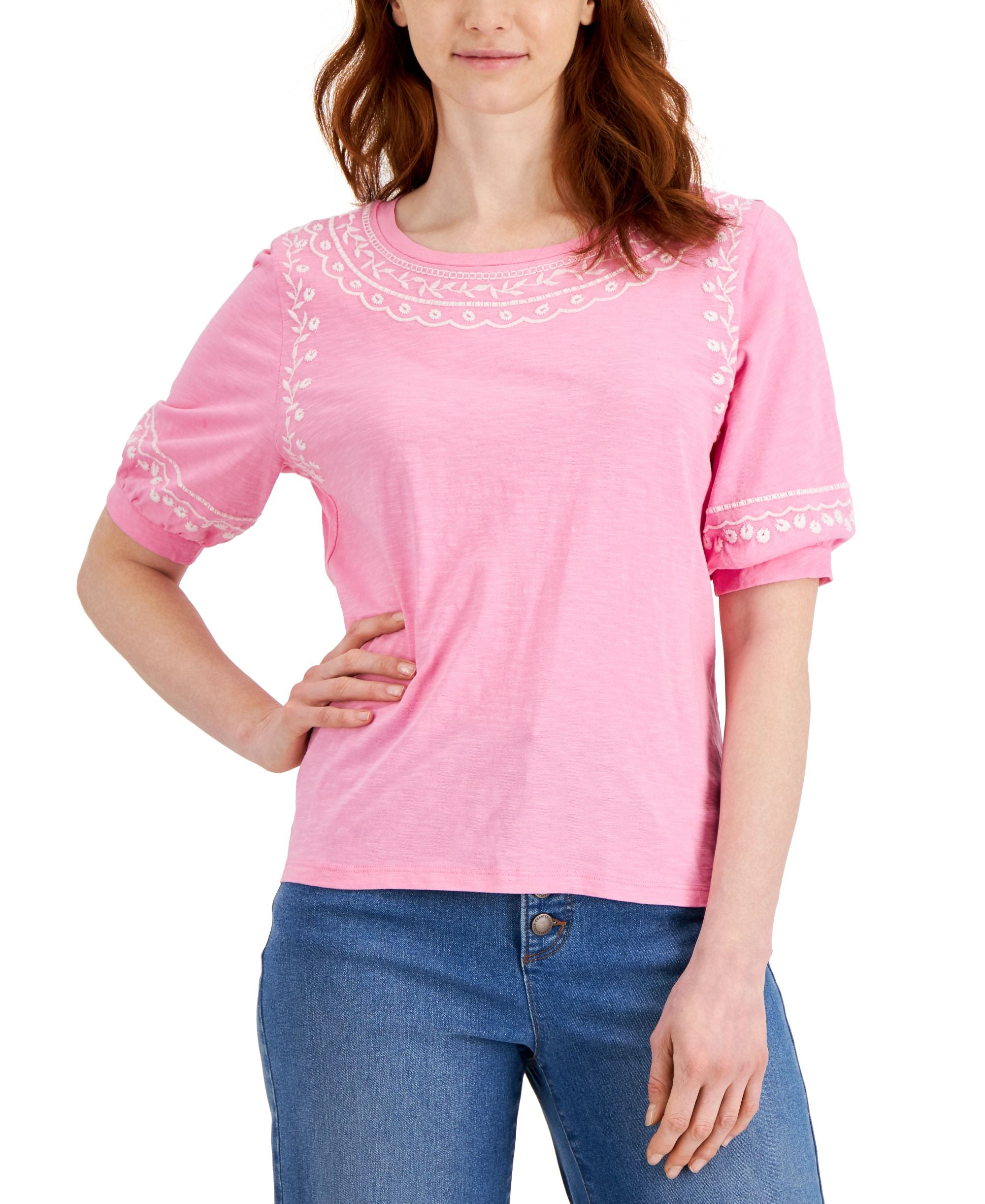 Charter Club Embroidered Elbow Sleeve Knit Premium Top