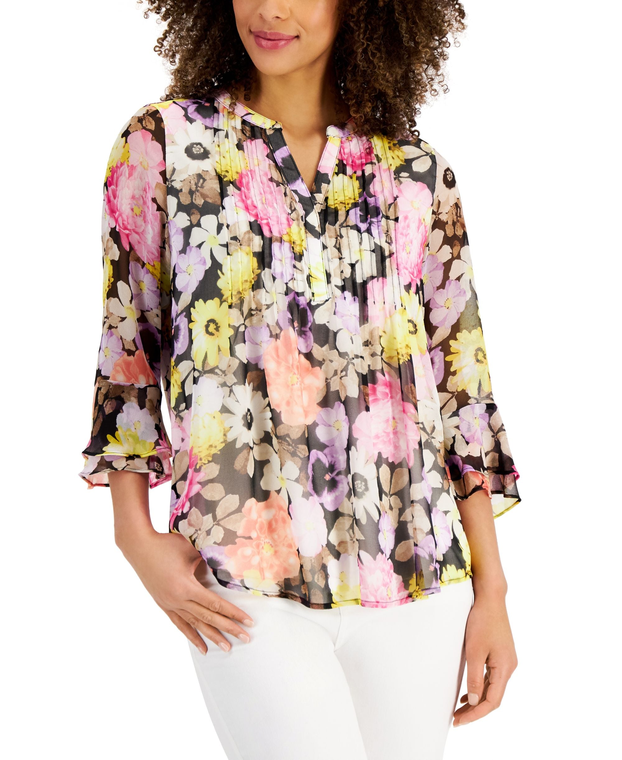 Charter Club Petite Floral Print Flutter-Sleeve Pintuck Premium Top