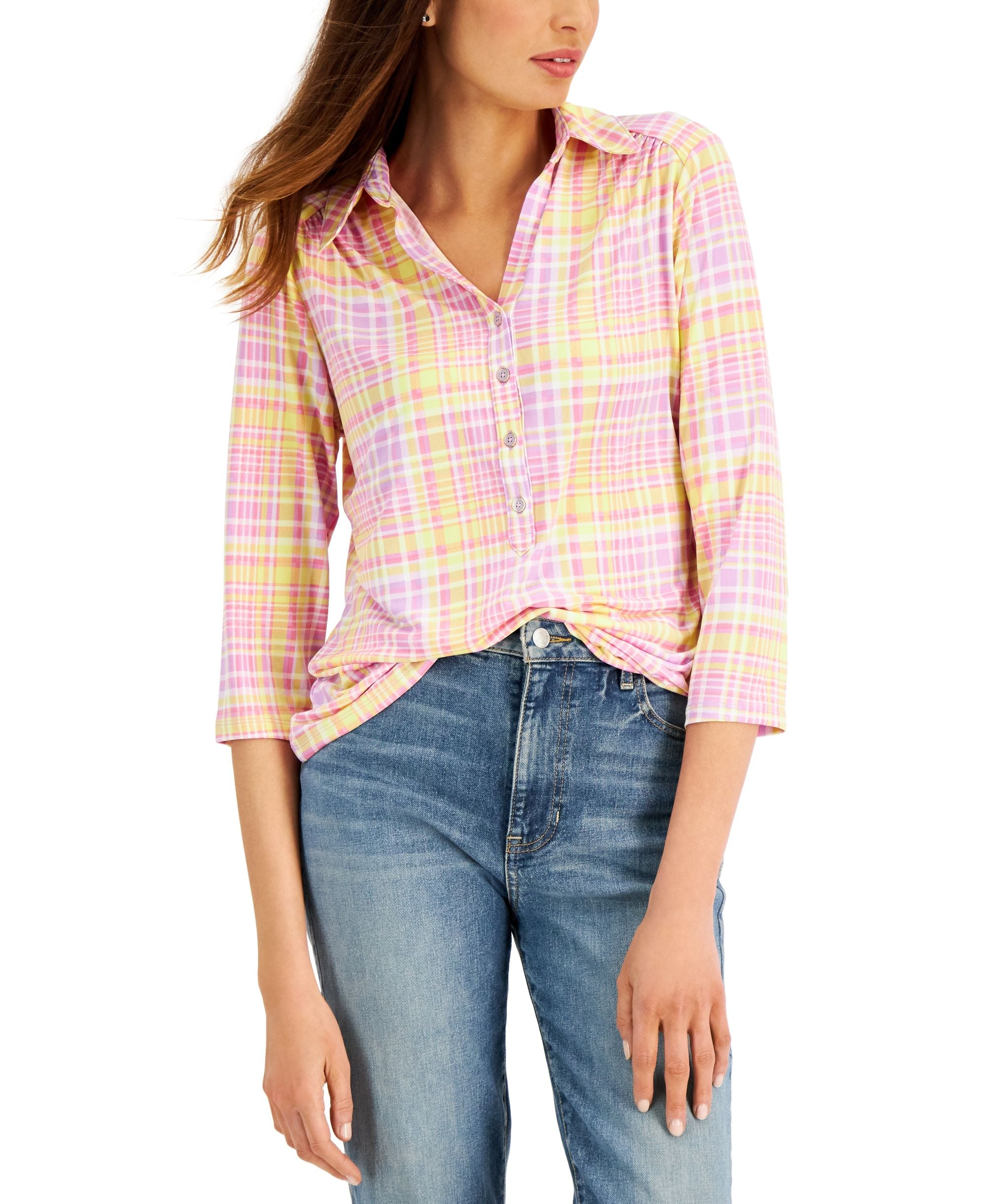 Charter Club Ada Plaid Print Polo Premium Top