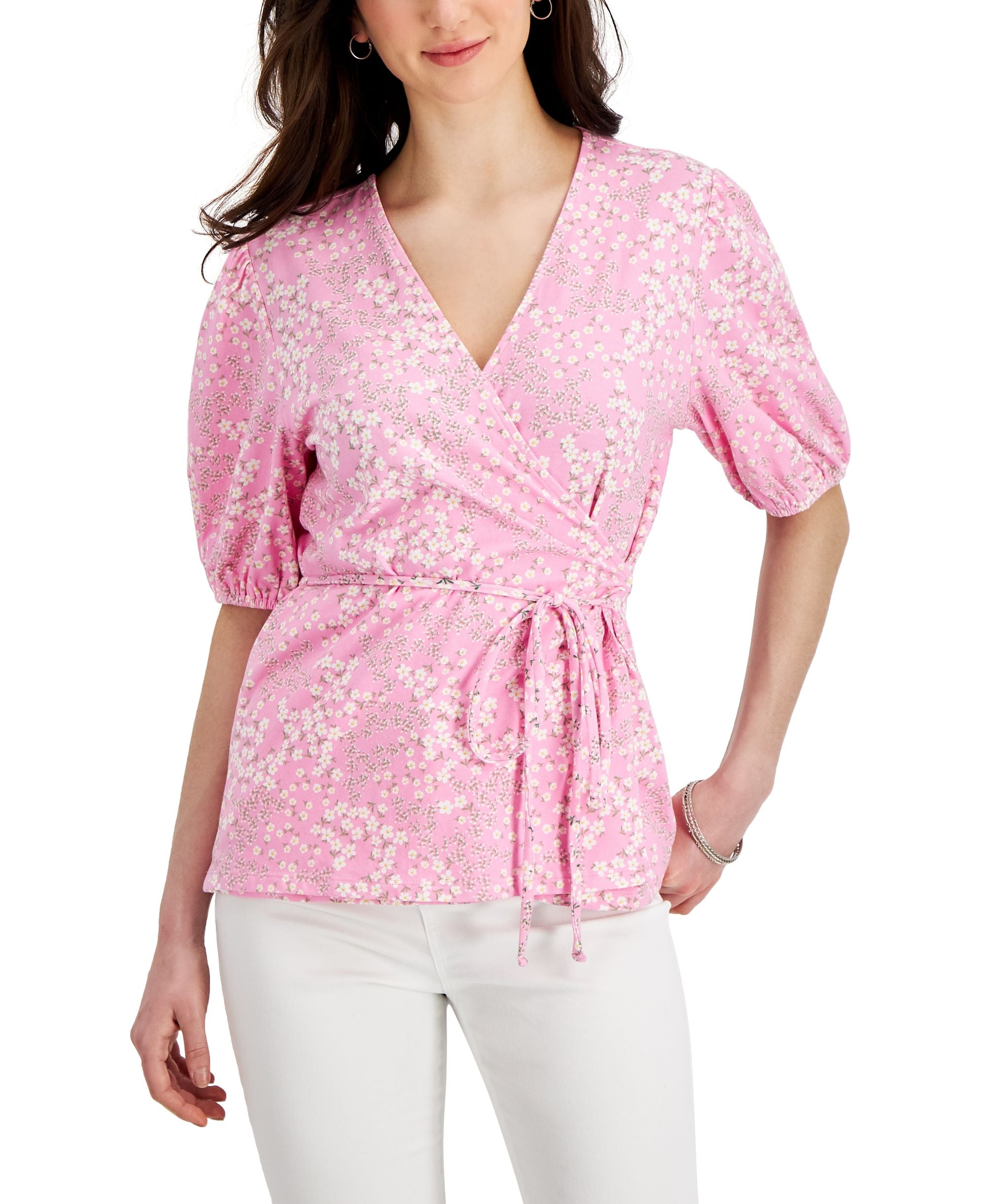 Charter Club Womens Printed Surplice Top