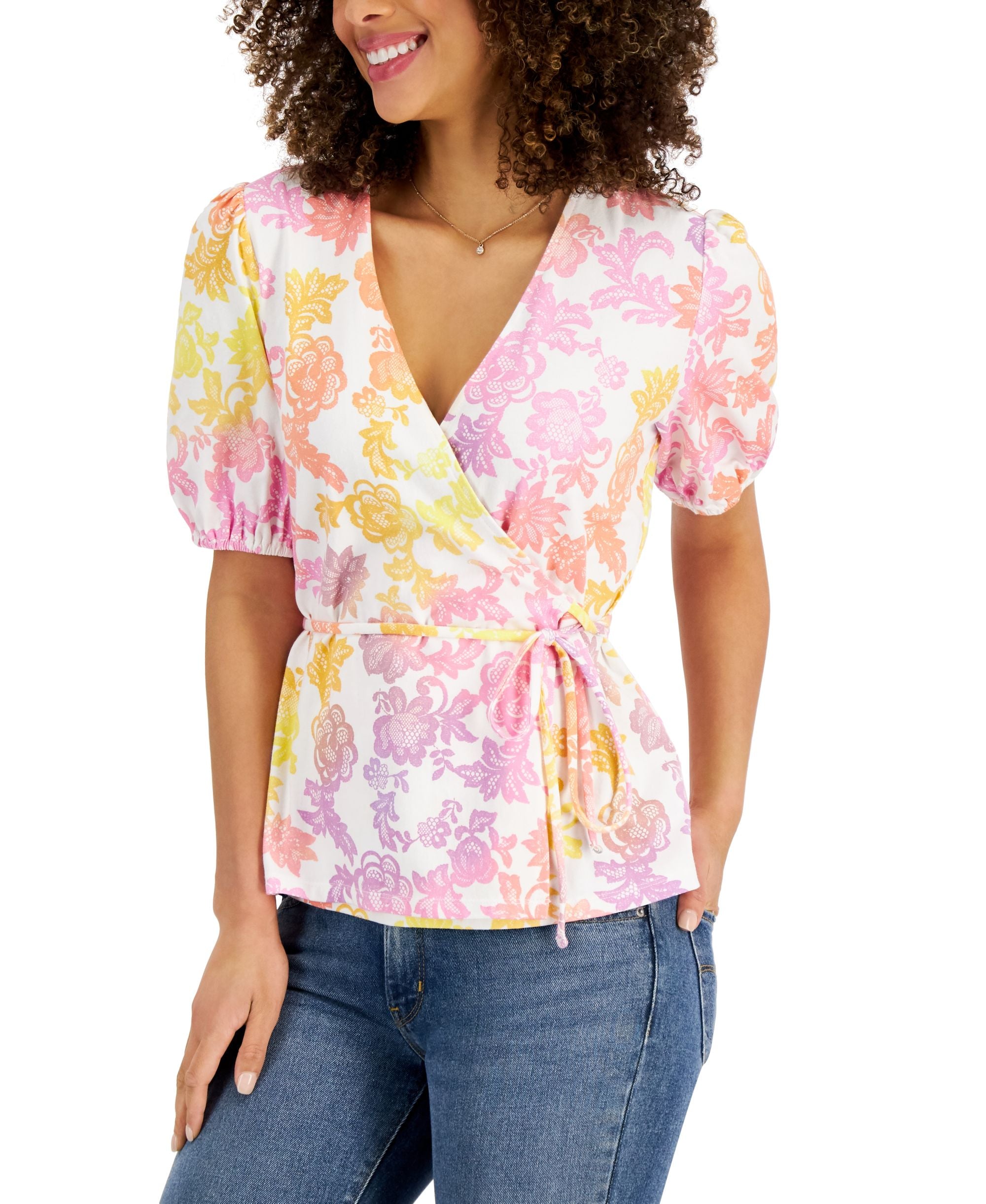 Charter Club Wrap Front Puff-Sleeve Printed Premium Top