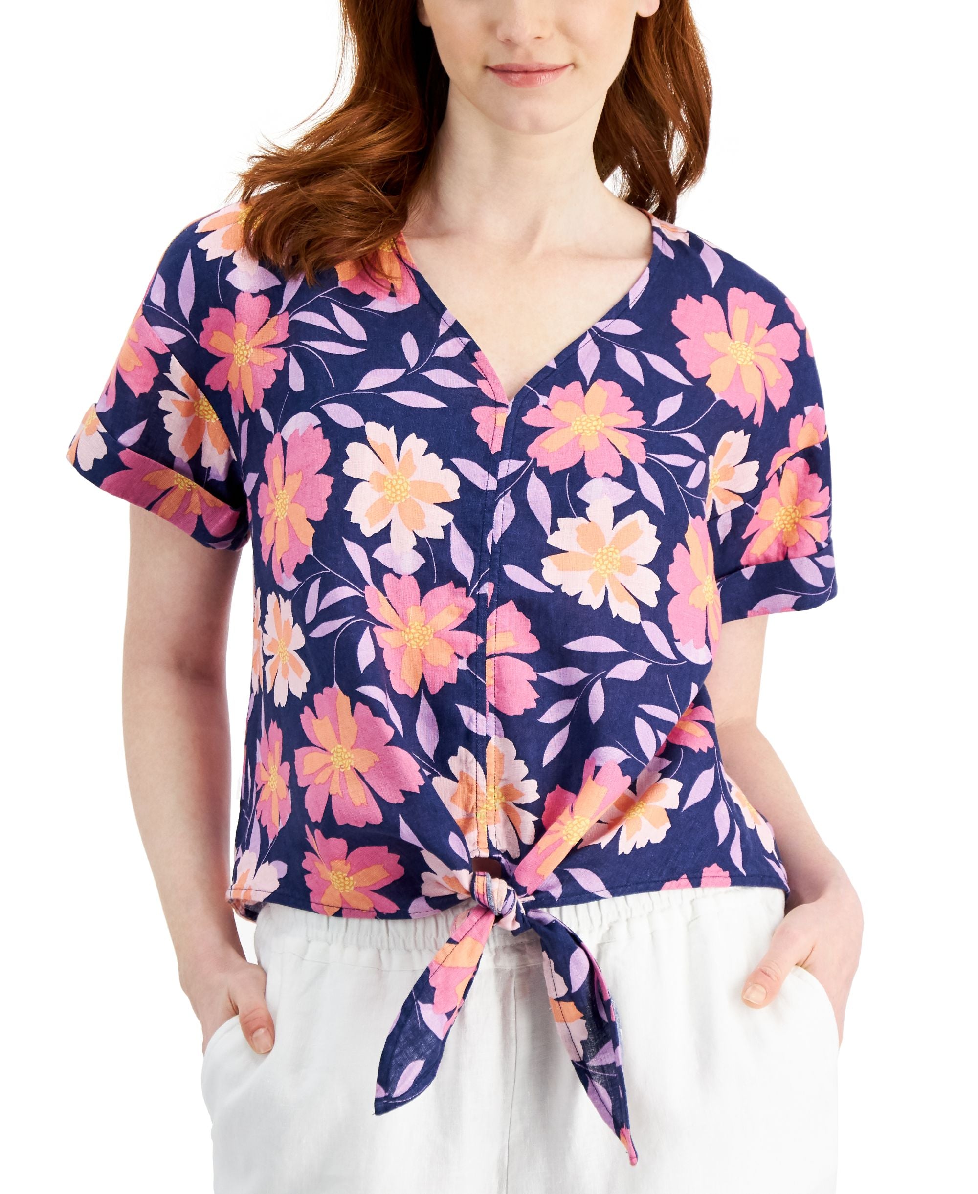 Charter Club Linen-Blend Printed Tie Front Premium Top