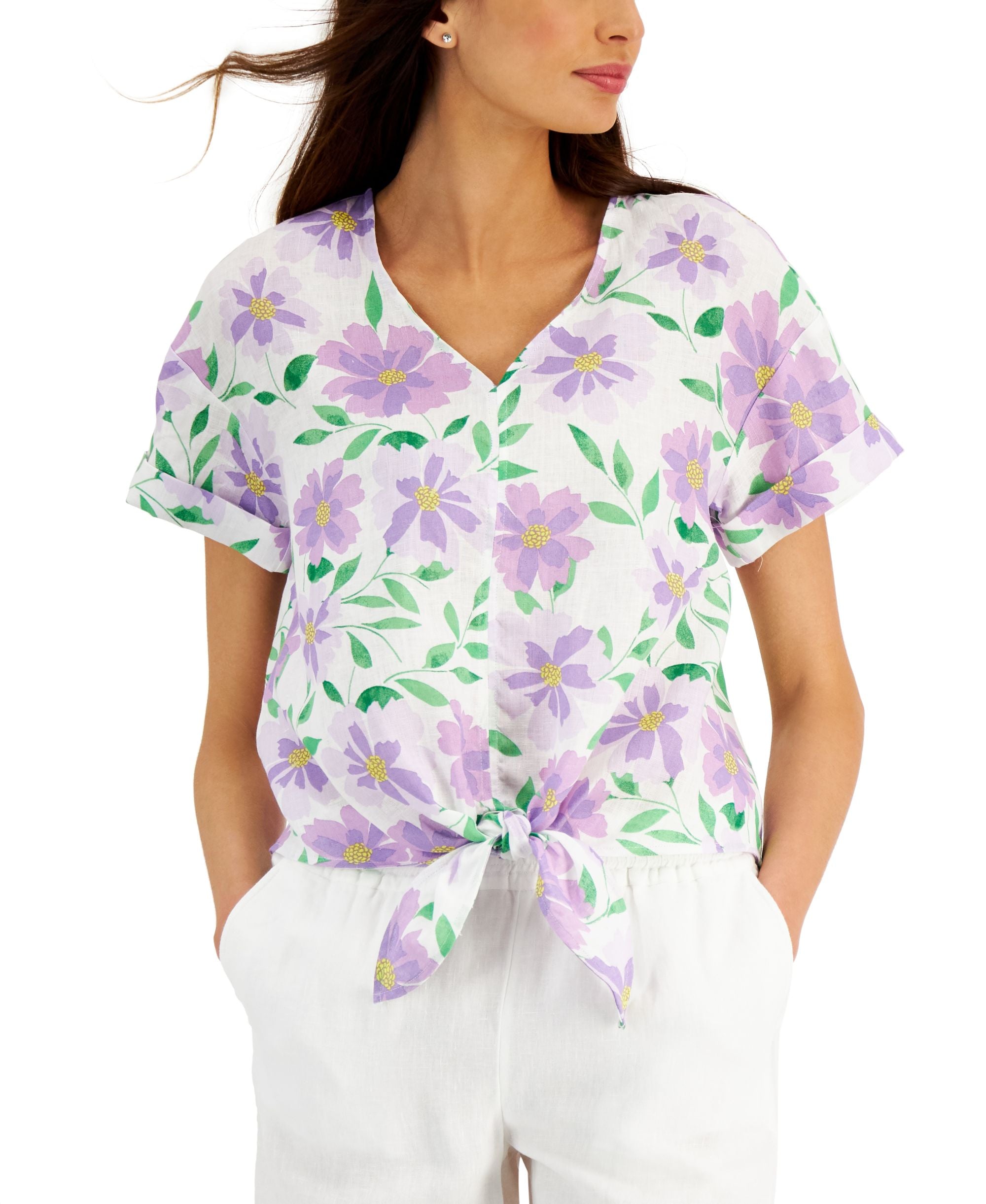 Charter Club Linen-Blend Printed Tie Front Premium Top