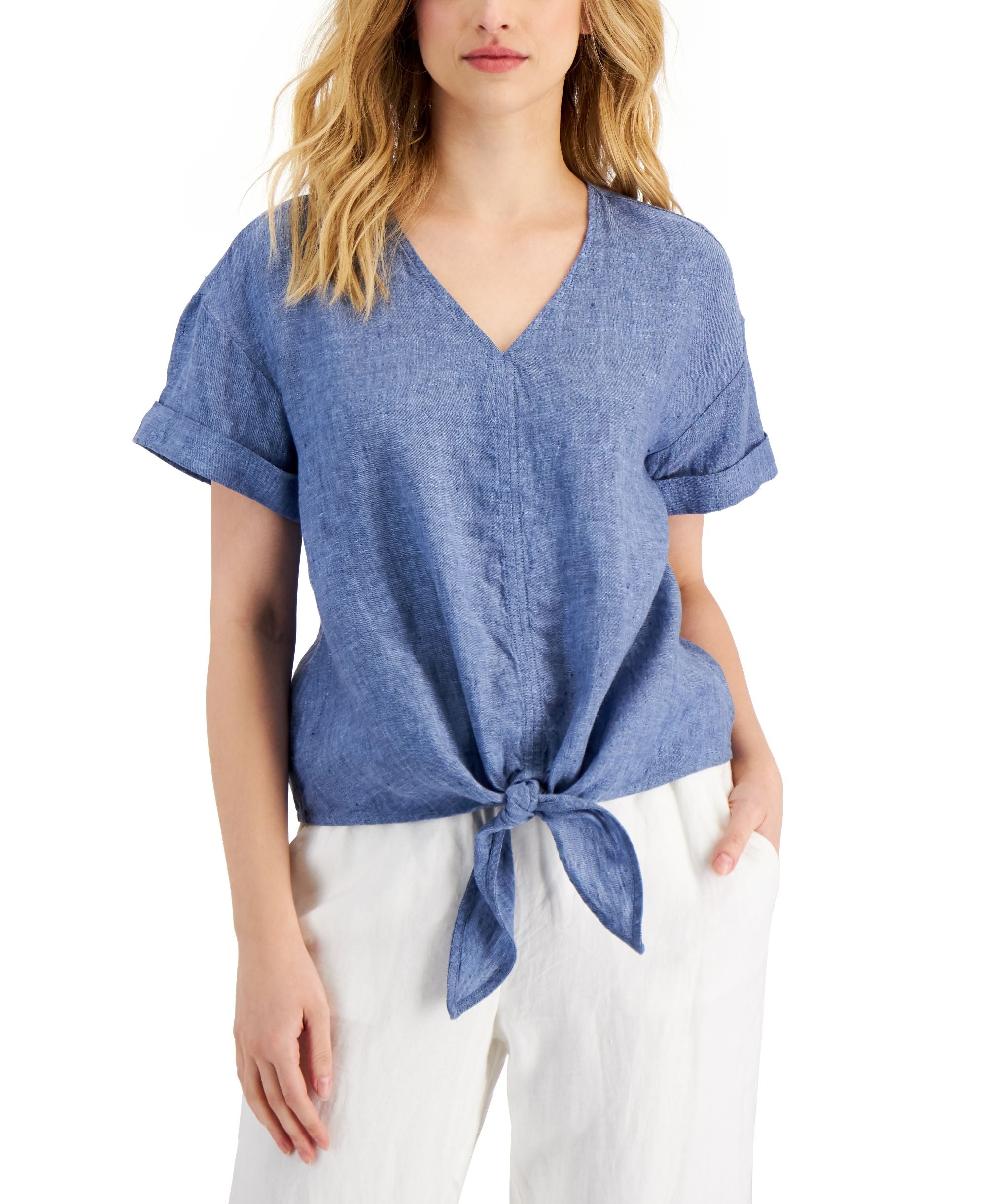 Charter Club Petite Linen-Blend Tie Front Premium Top