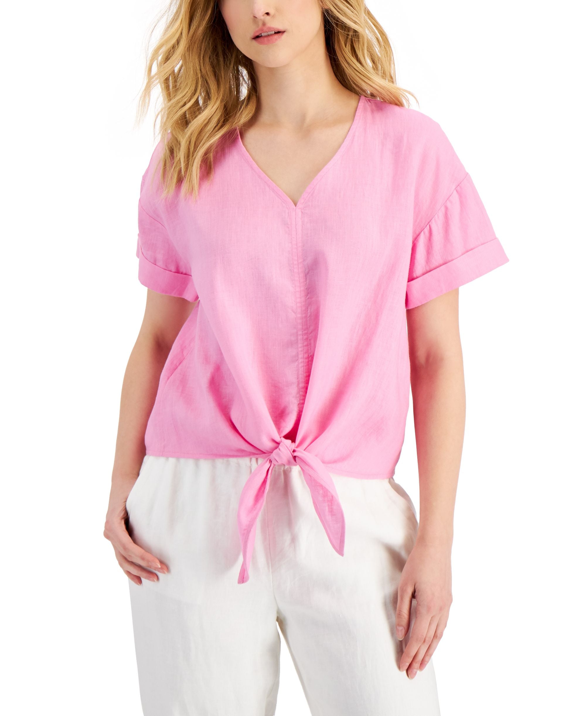 Charter Club Linen-Blend Tie-Front Premium Top