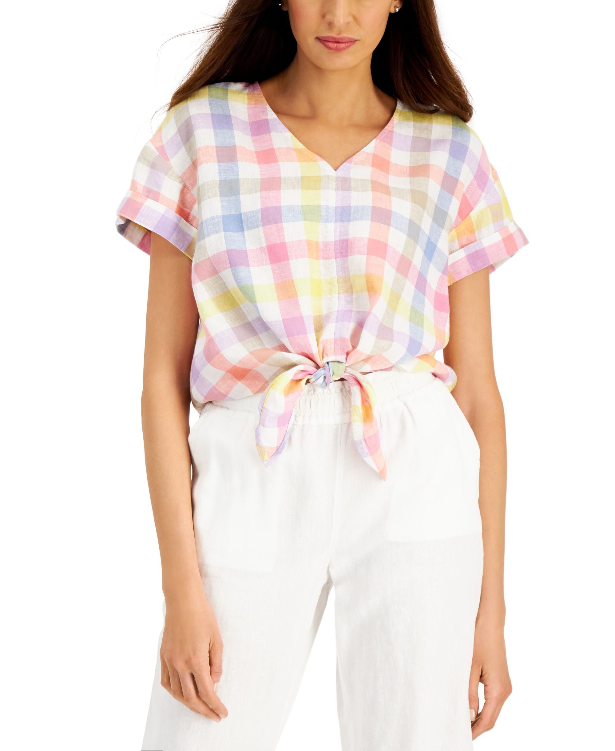 Charter Club Petite Linen-Blend Gingham Tie Front Premium Top