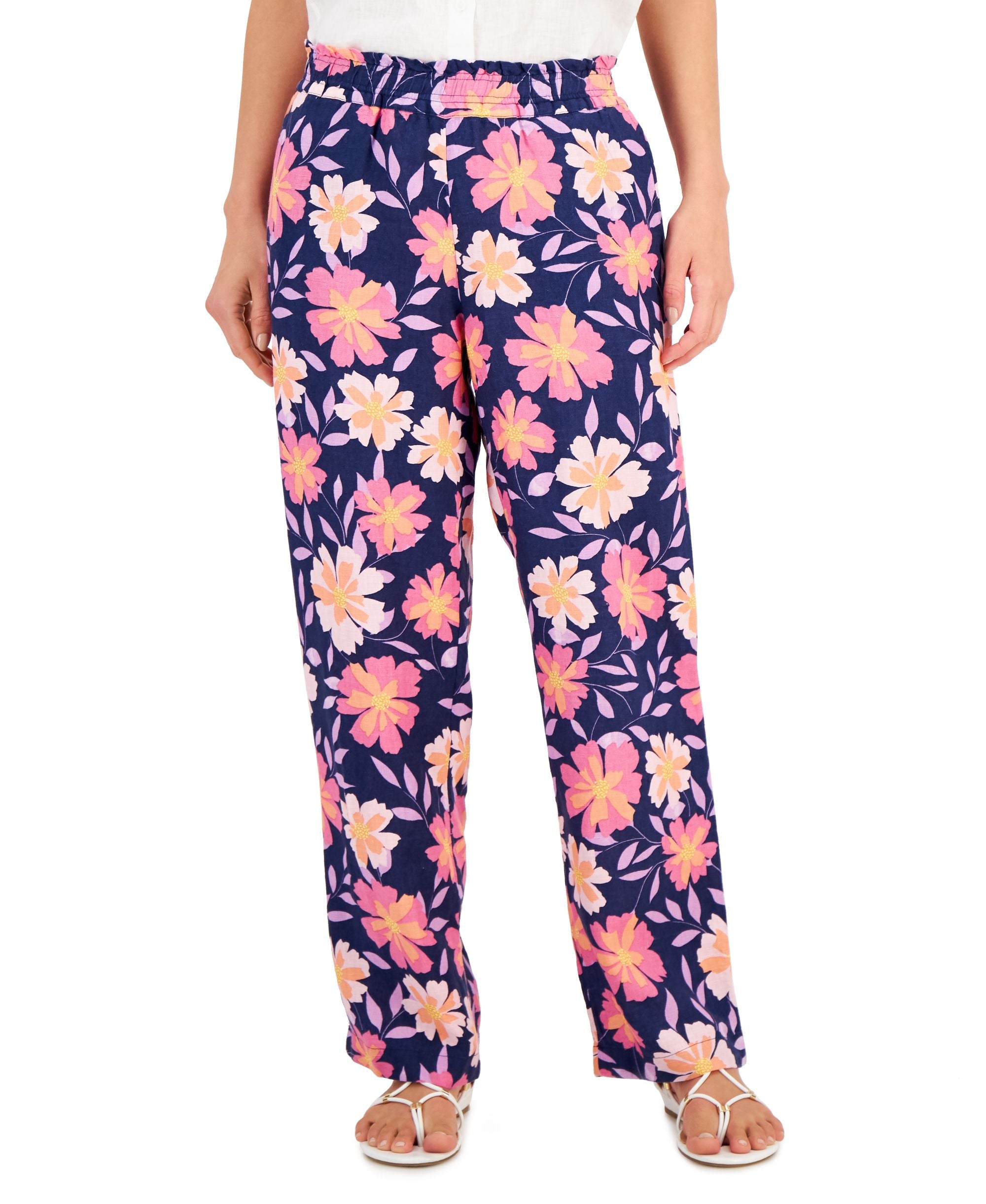 Charter Club Womens Linen-Blend Floral Wide-Leg Signature Pants