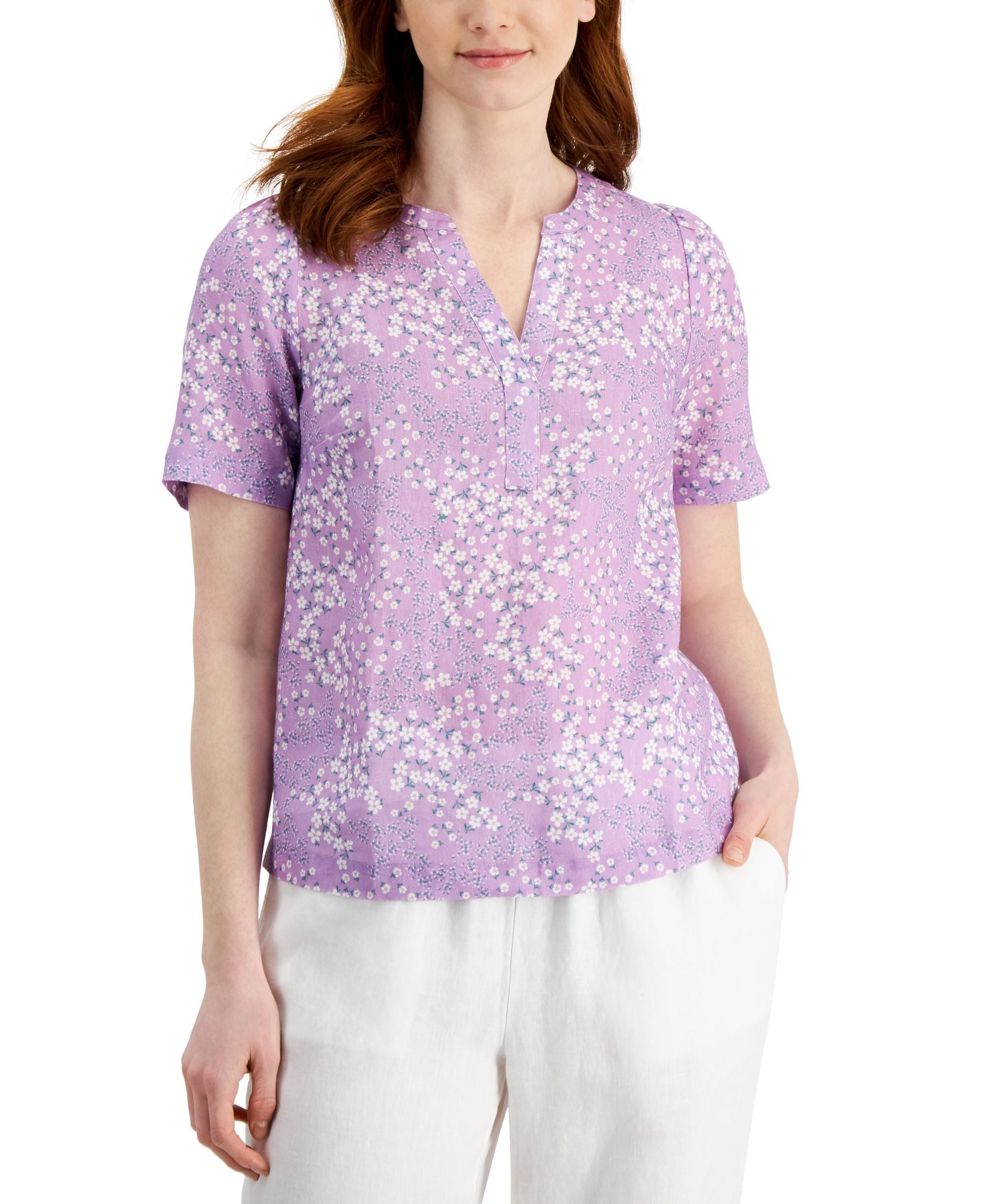 Charter Club Linen-Blend Floral-Print Split-Neck Premium Top