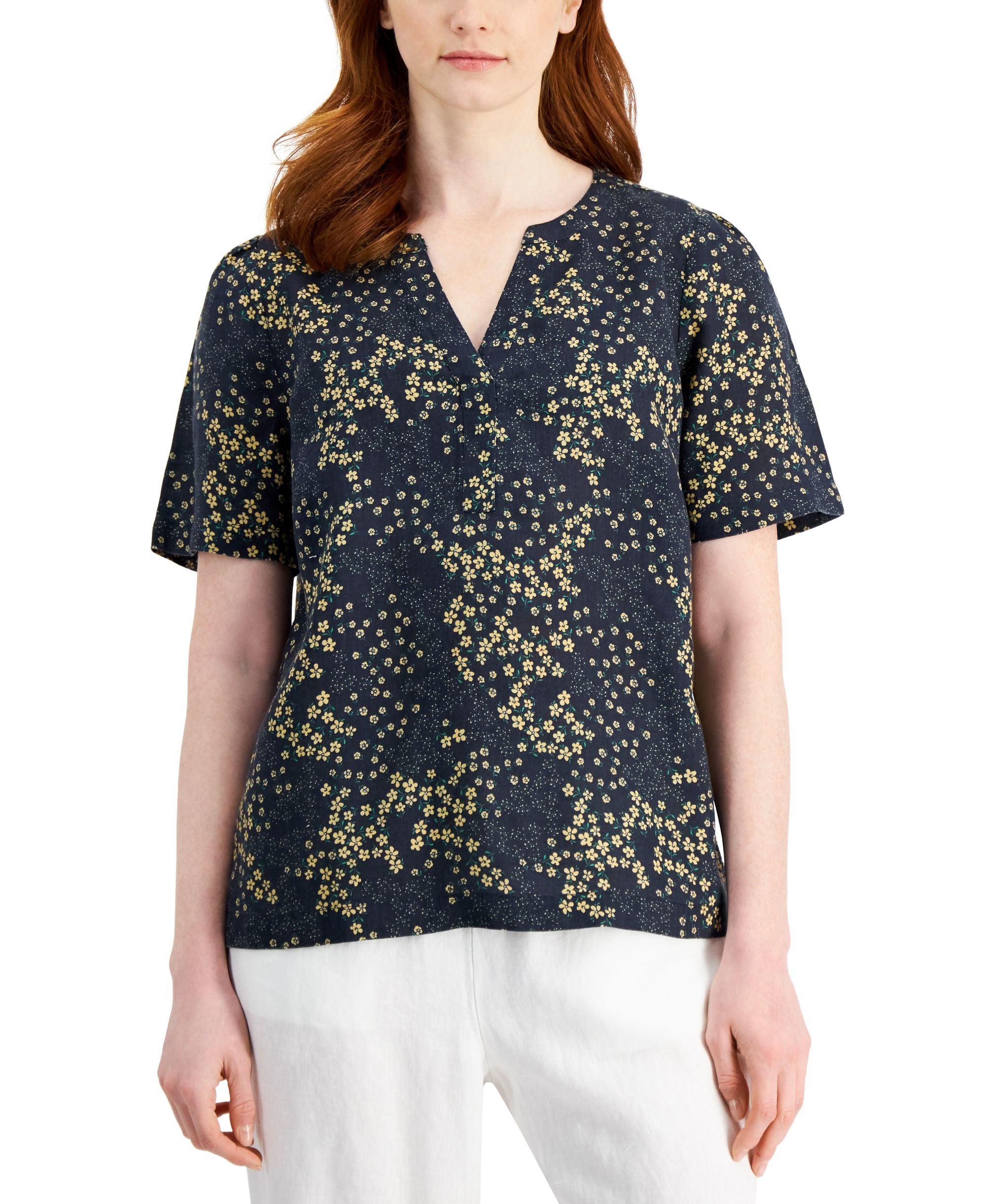 Charter Club Linen-Blend Floral-Print Split-Neck Premium Top