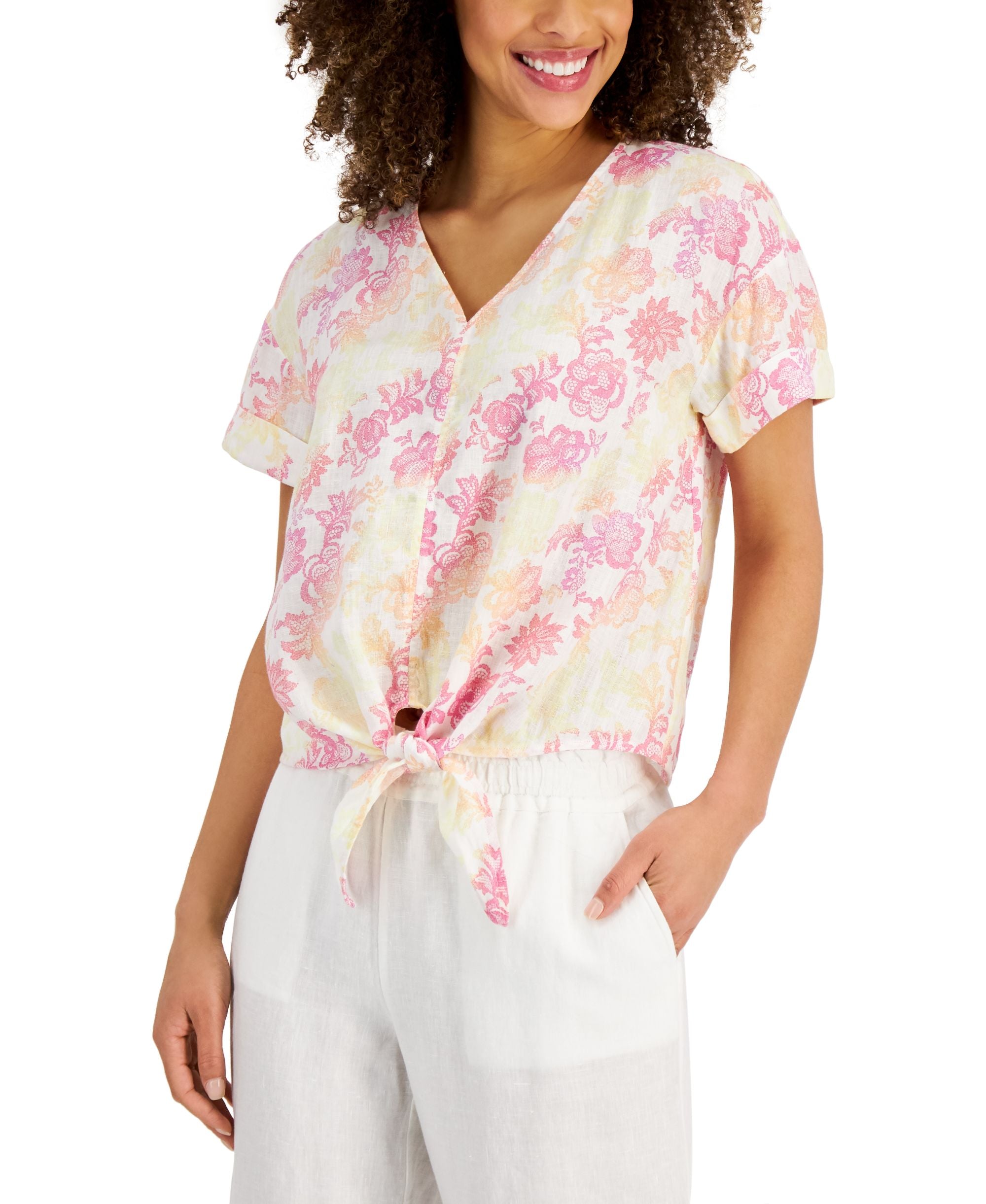 Charter Club Petite Floral Linen-Blend Tie Front Premium Top