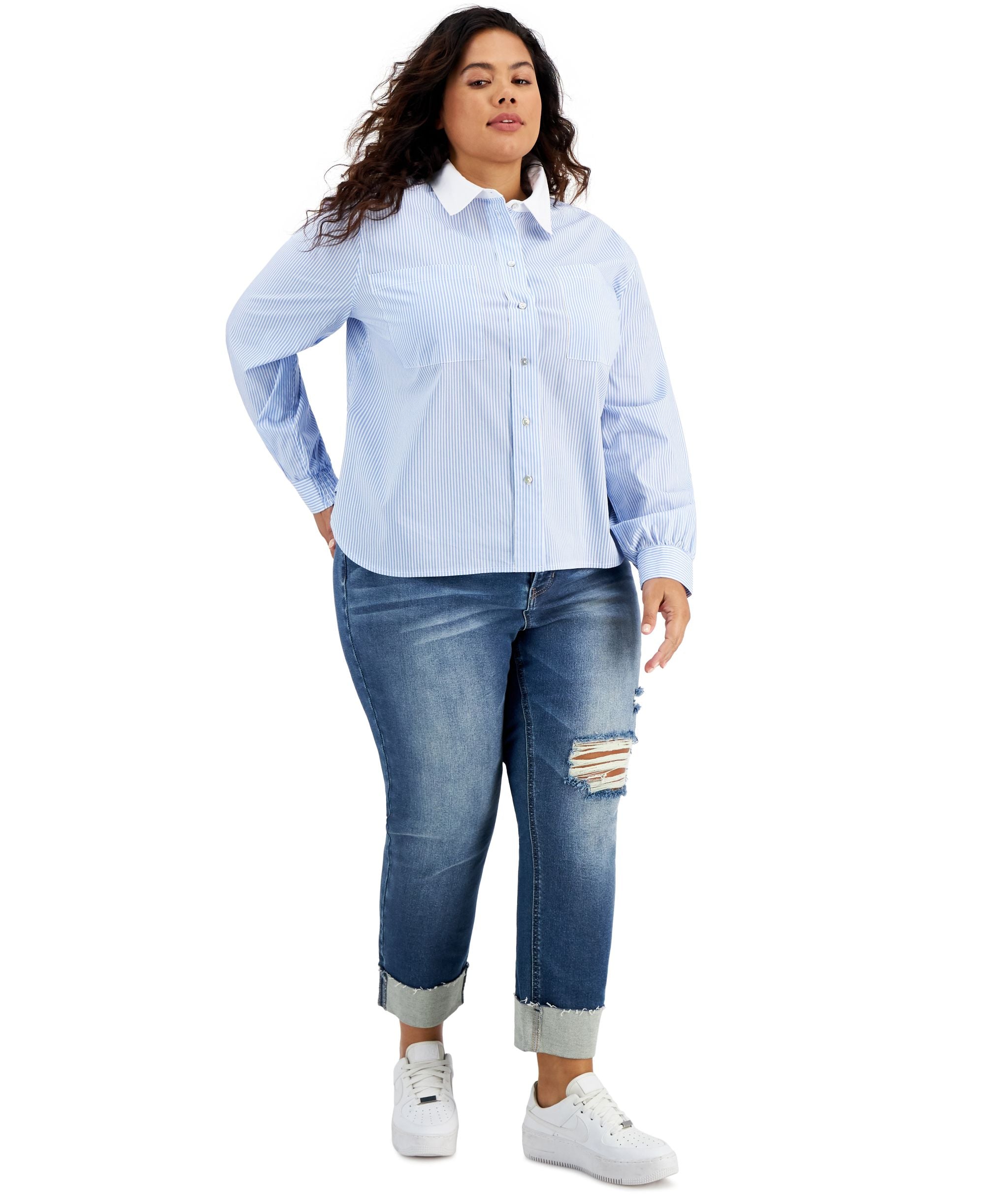Now This Modern Plus Size Cotton Striped Poplin Modern Shirt