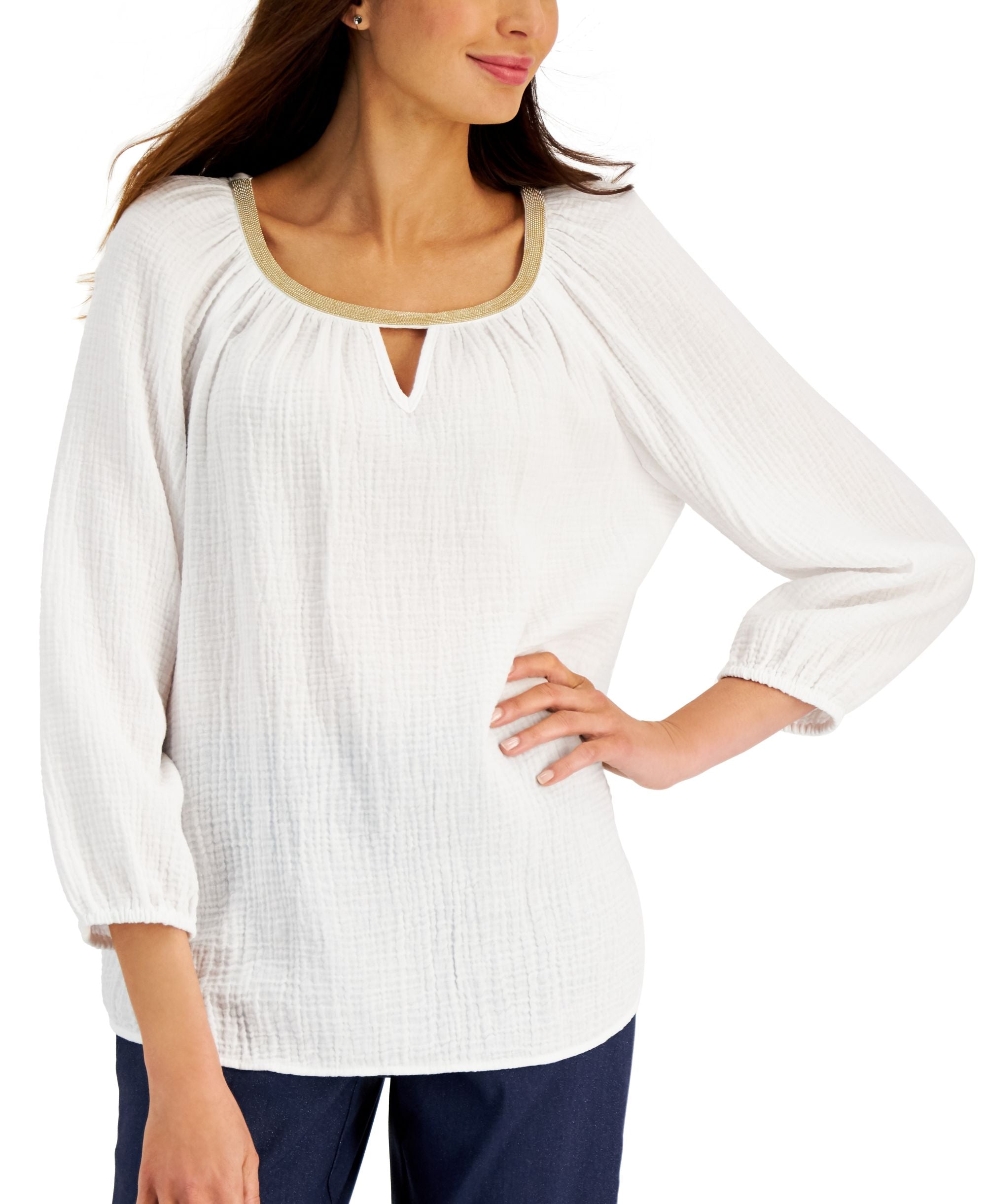 JM Collection Petite Beaded Keyhole Premium Top