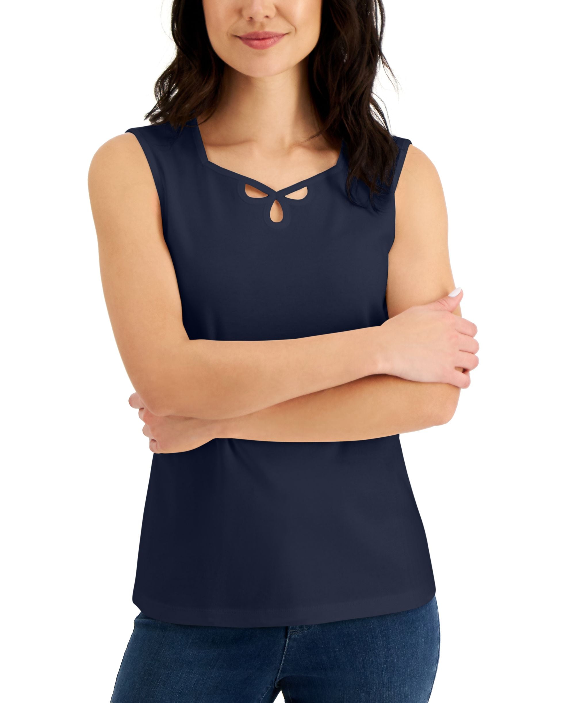 Karen Scott Cotton Sweetheart Neck Keyhole Cutout Premium Top