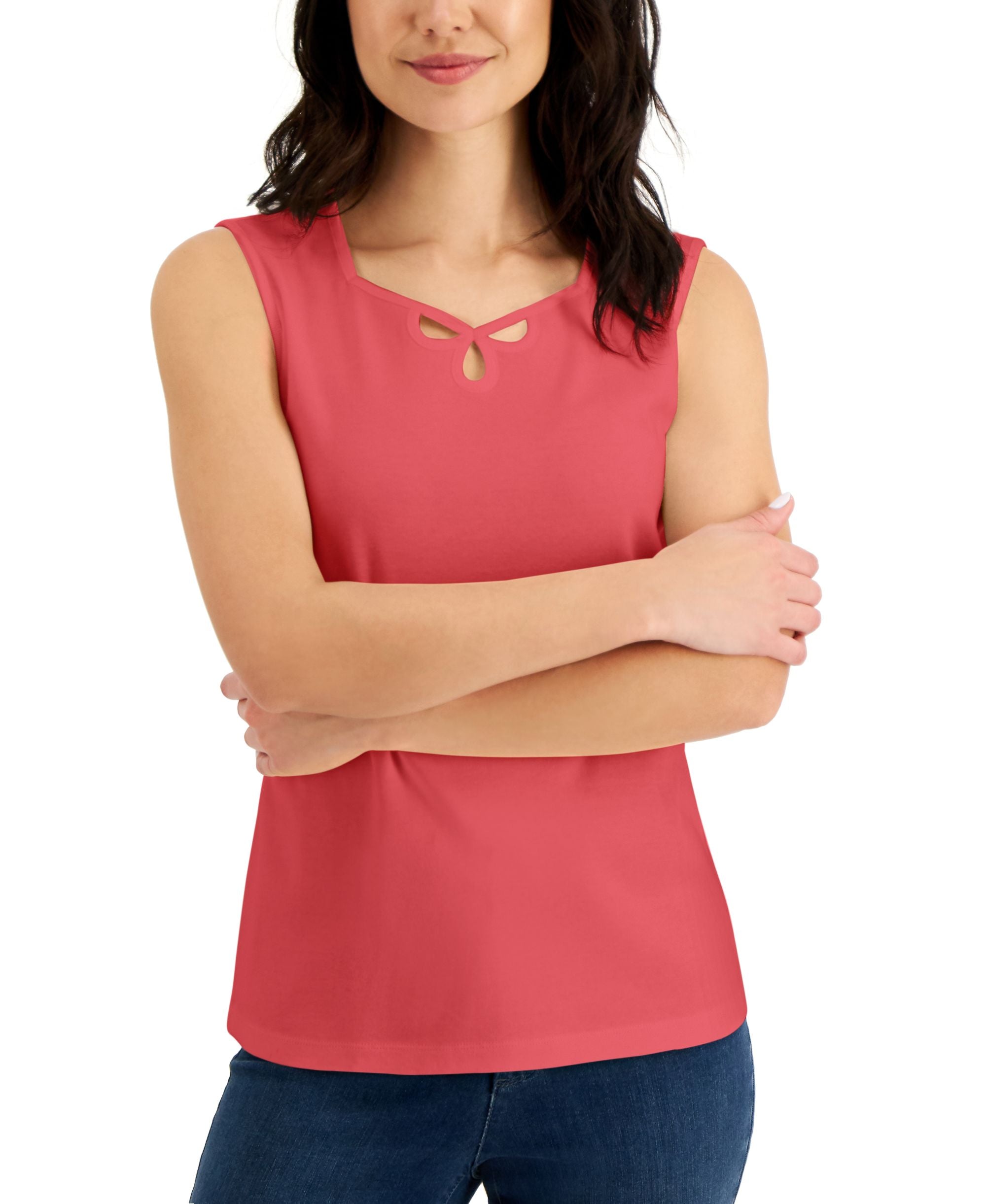 Karen Scott Cotton Sweetheart Neck Keyhole Cutout Premium Top