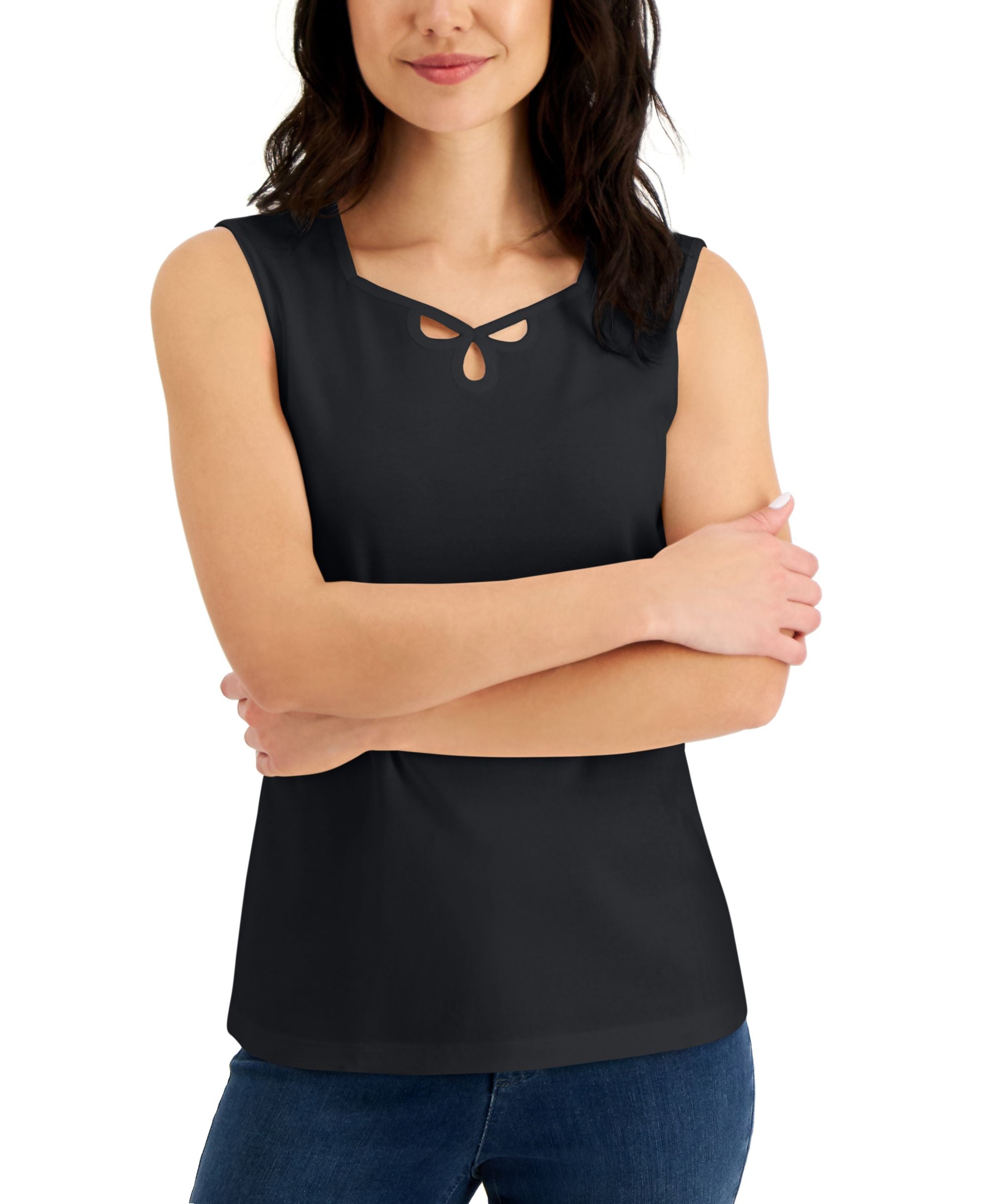 Karen Scott Cotton Sweetheart Neck Keyhole Cutout Premium Top