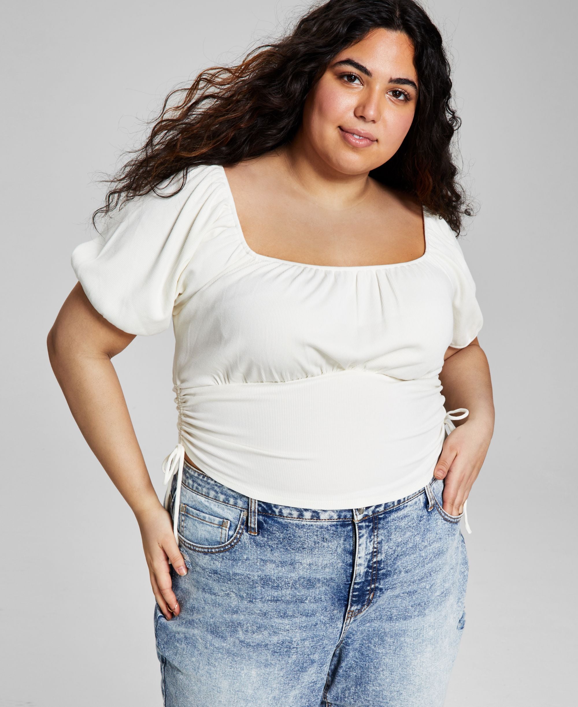 Now This Modern Plus Size Puff-Sleeve Ruched Premium Top