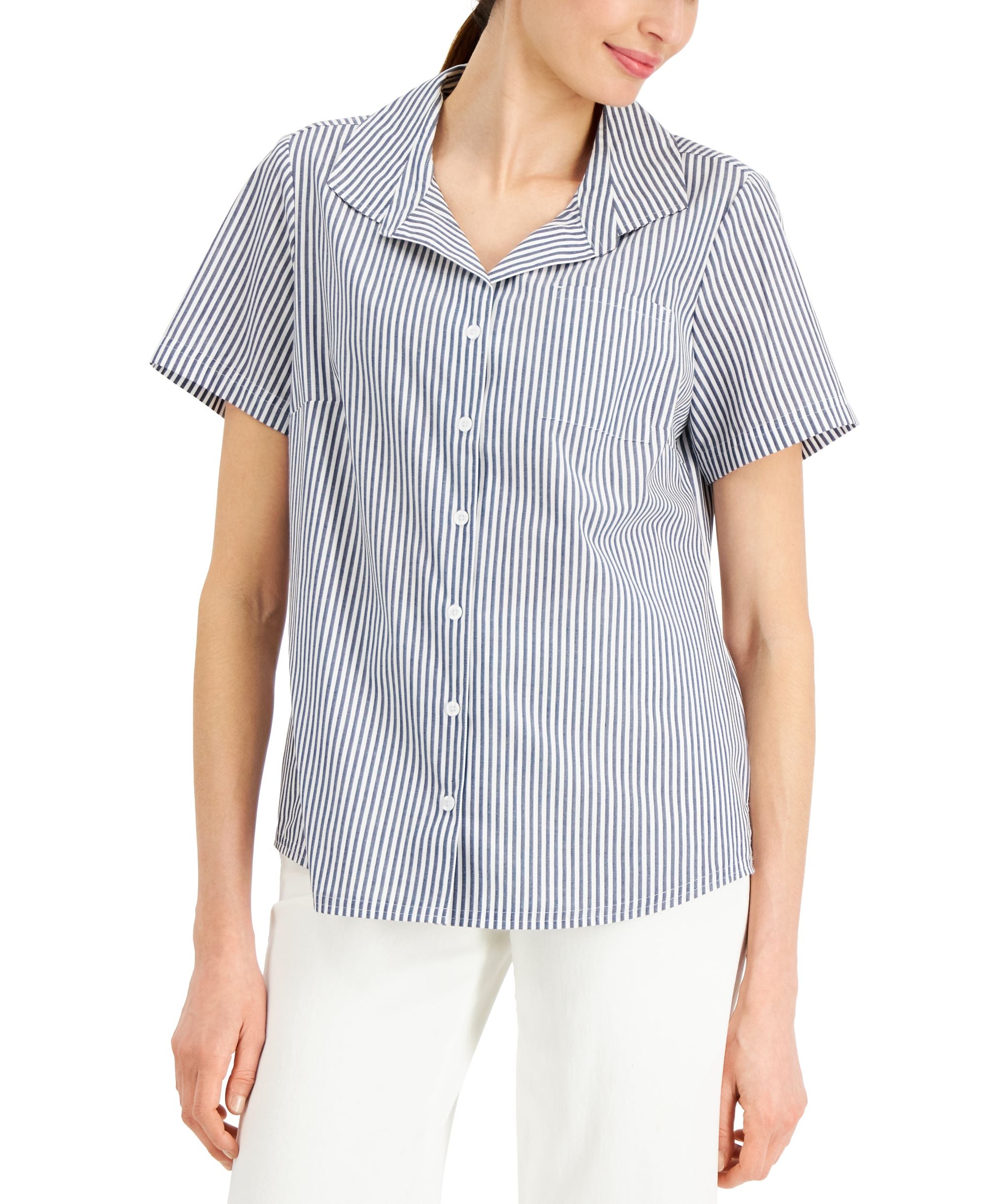 Karen Scott Petite Striped Woven Modern Shirt