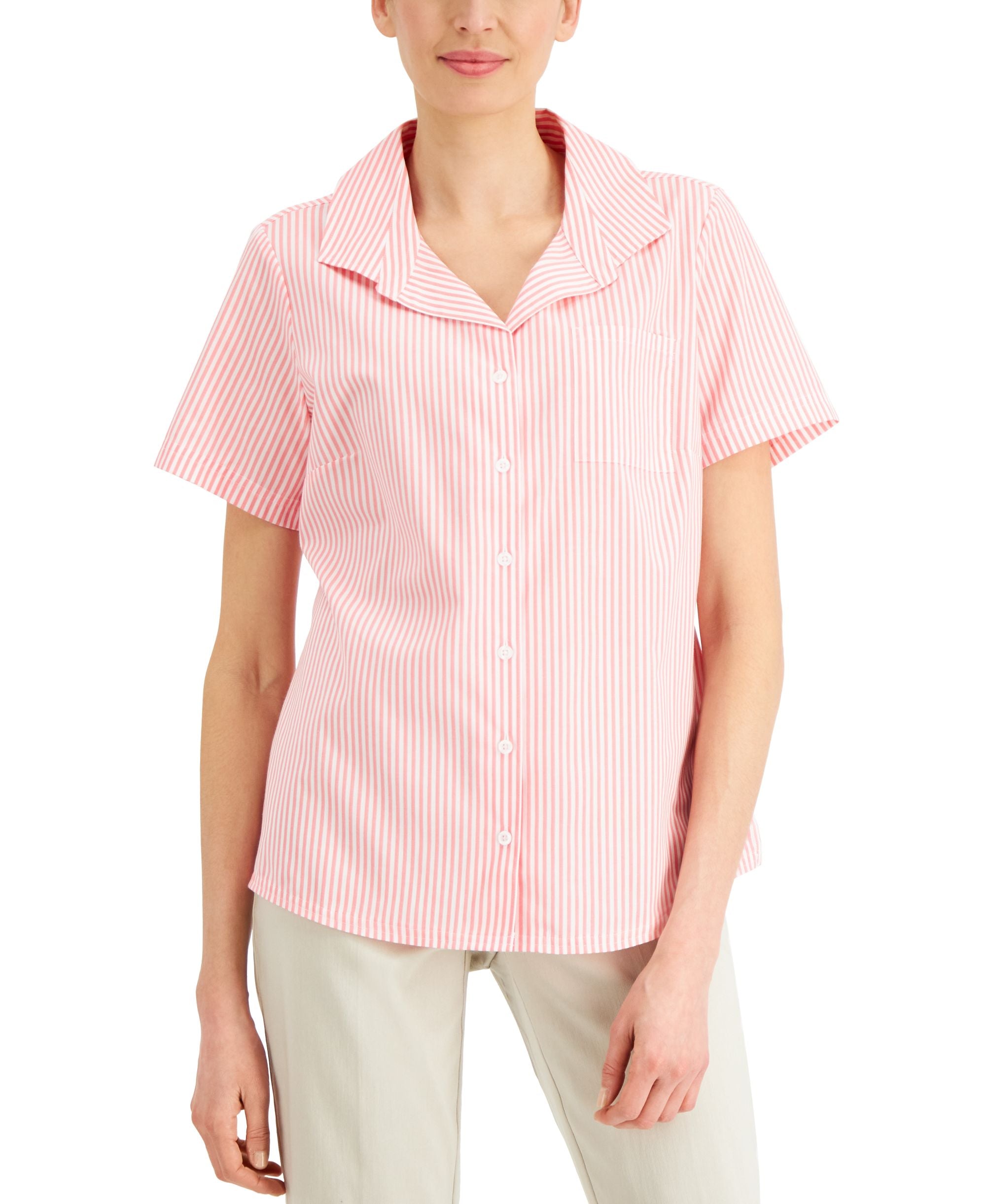 Karen Scott Petite Striped Woven Modern Shirt