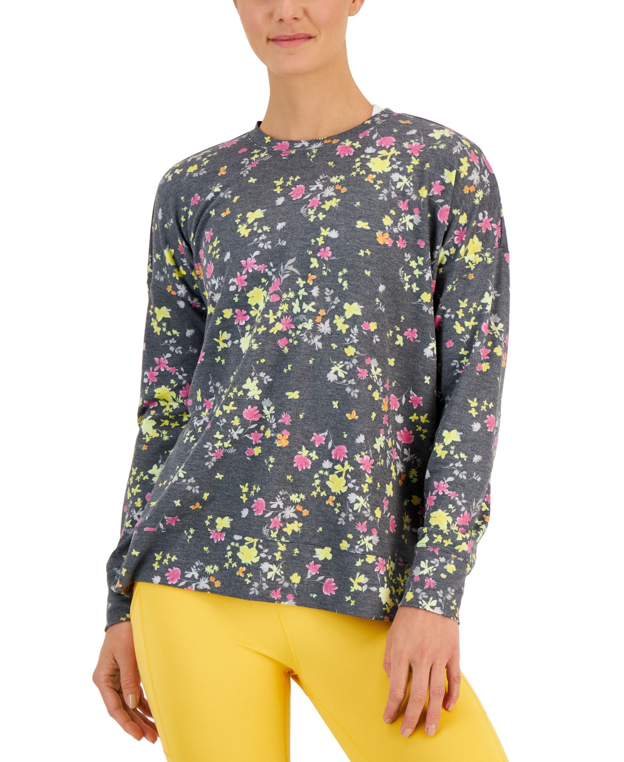 ID Ideology Womens Performance Pansy Print Side Slit Relaxed Crewneck Sweatshirt