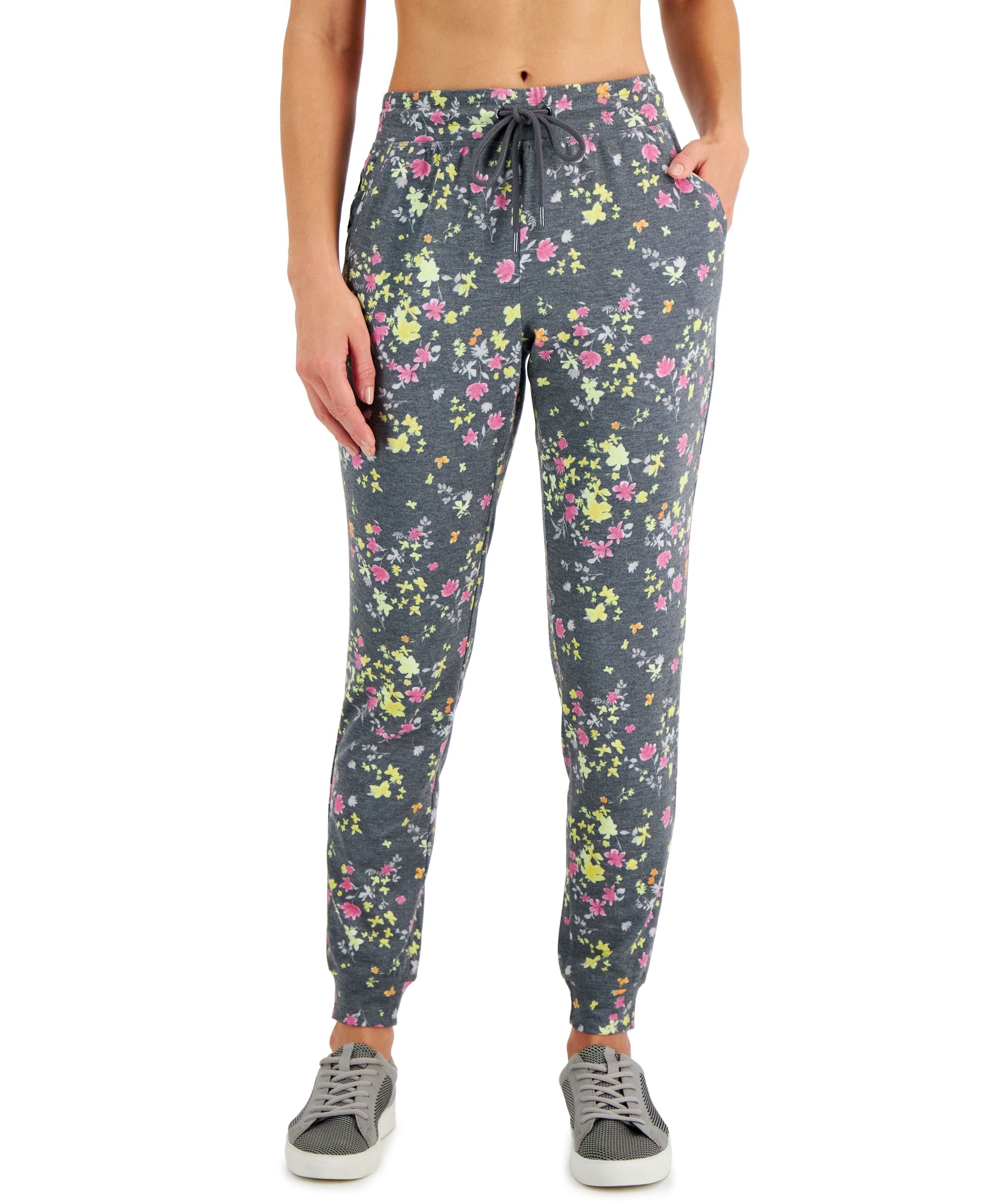ID Ideology Womens Floral Print Pansy Slim-Cut Fit Drawstring Jogging Signature Pants