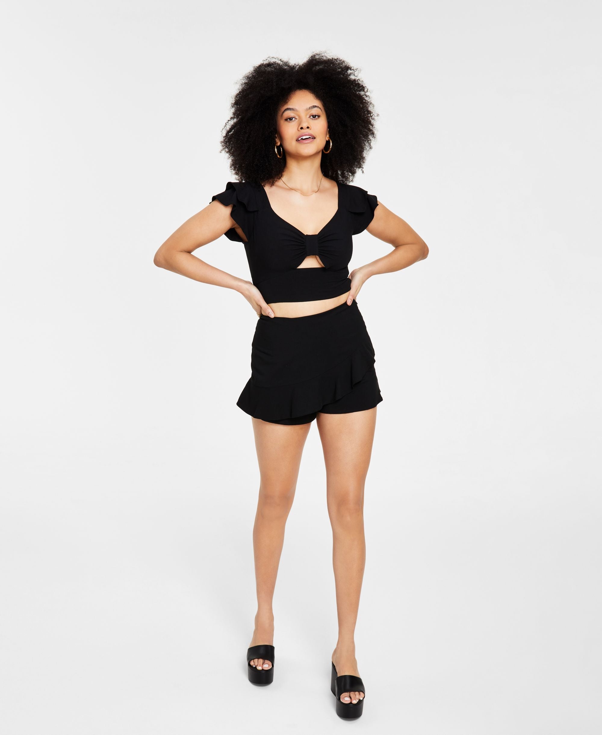 Bar III Womens Ruffled Sleeve Crop Premium Top