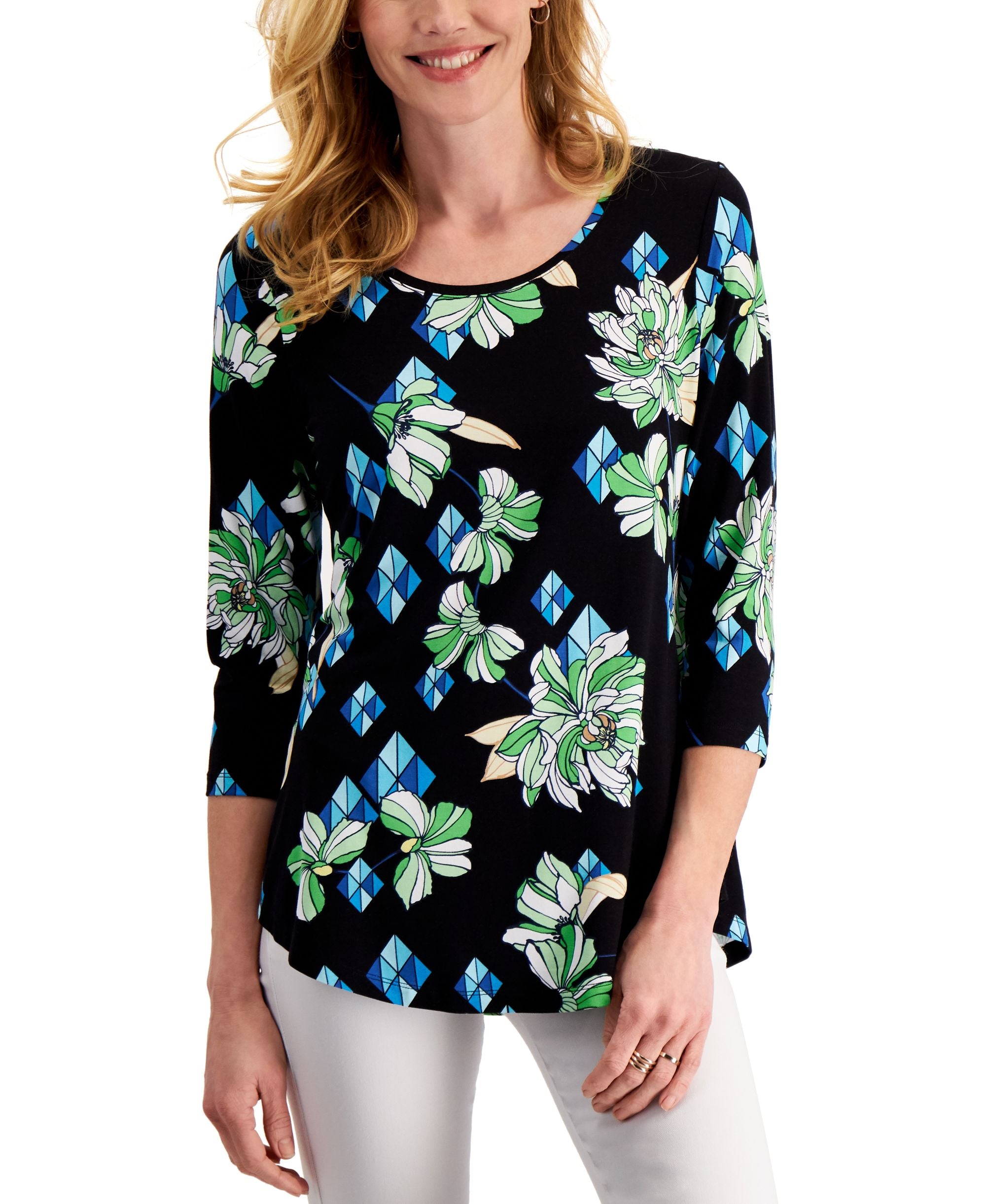 JM Collection Petite 3/4 Sleeve Printed Premium Top