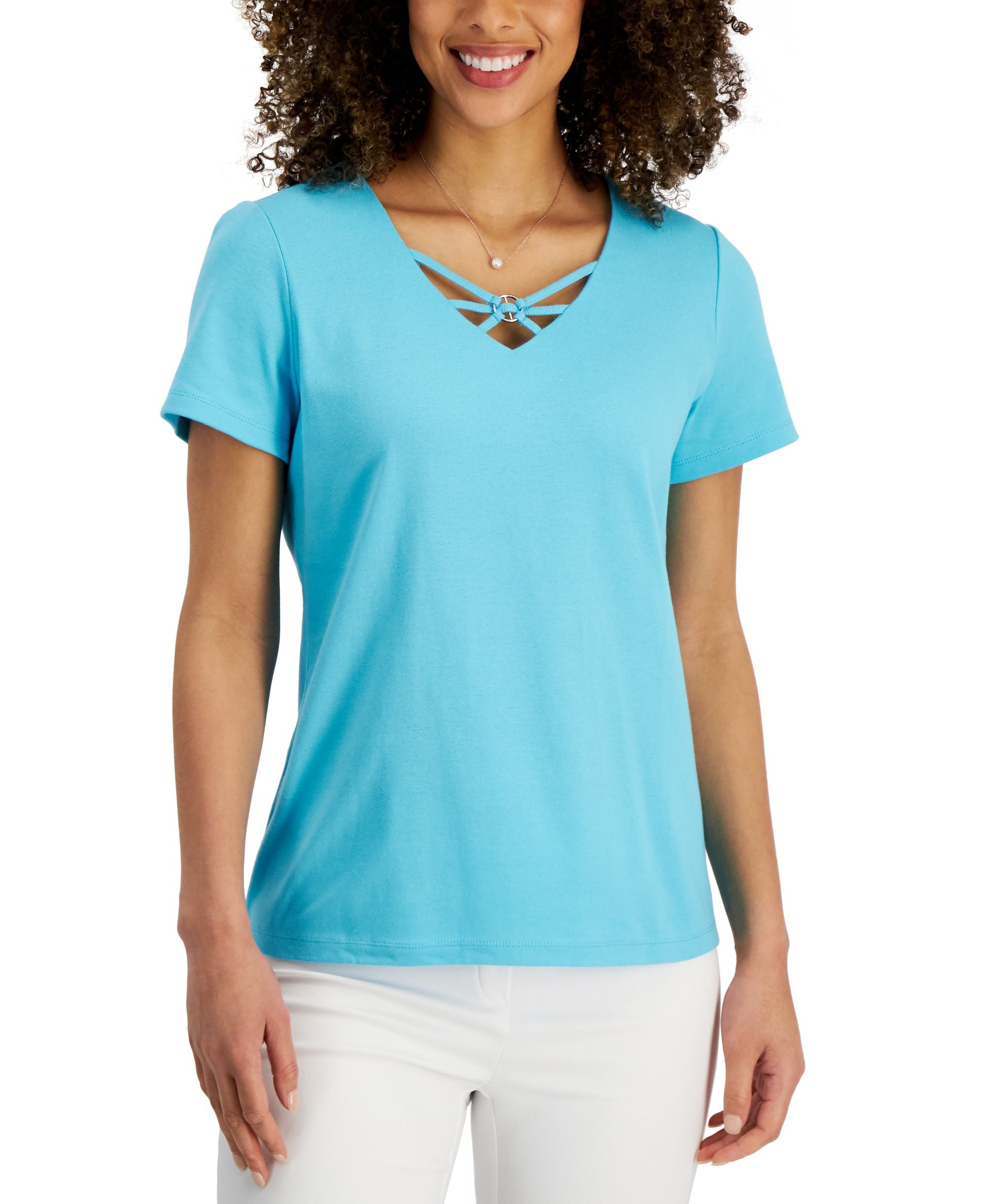 Karen Scott Womens Cotton Crisscross V Neck Premium Top