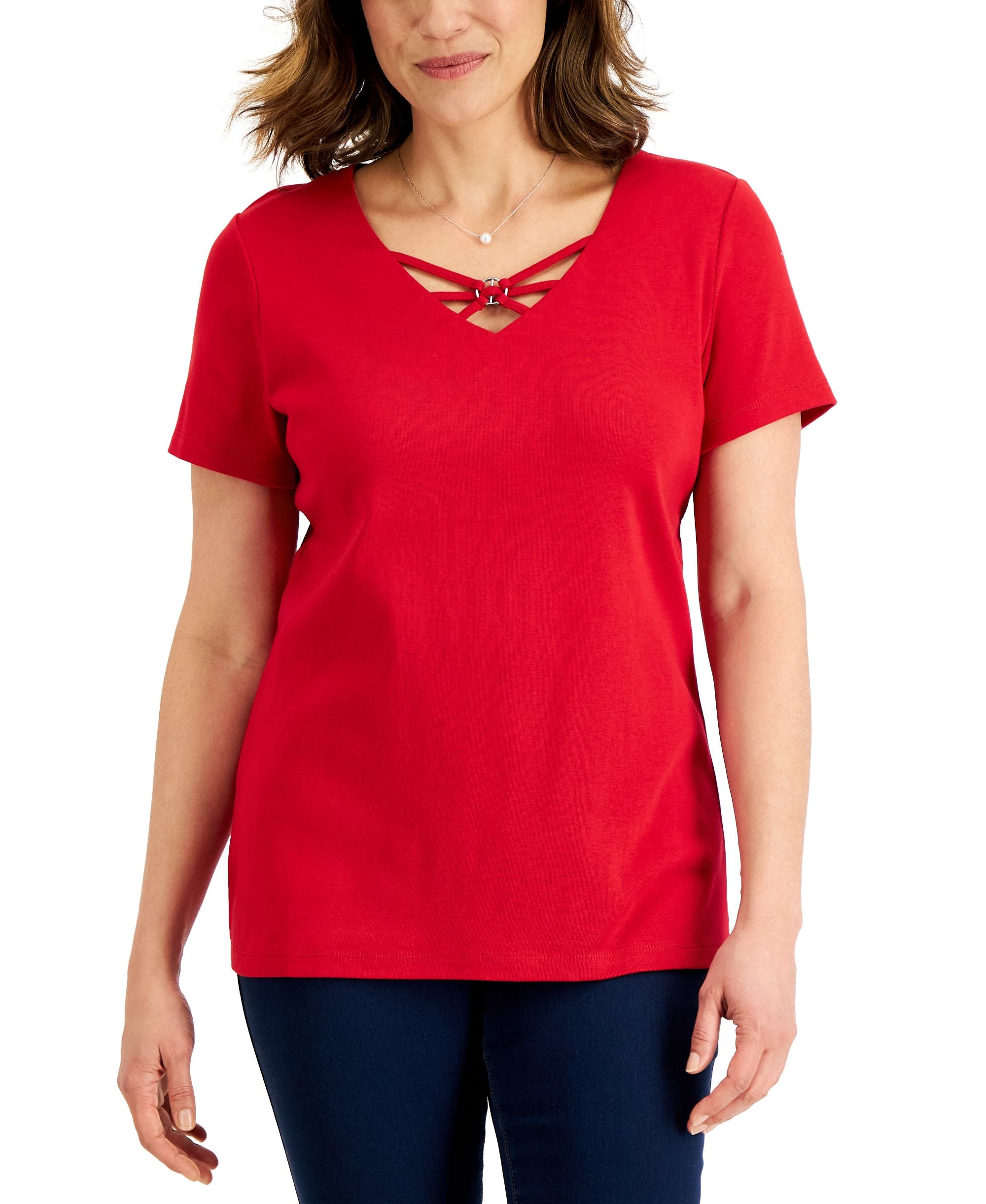 Karen Scott Womens Cotton Crisscross V Neck Premium Top