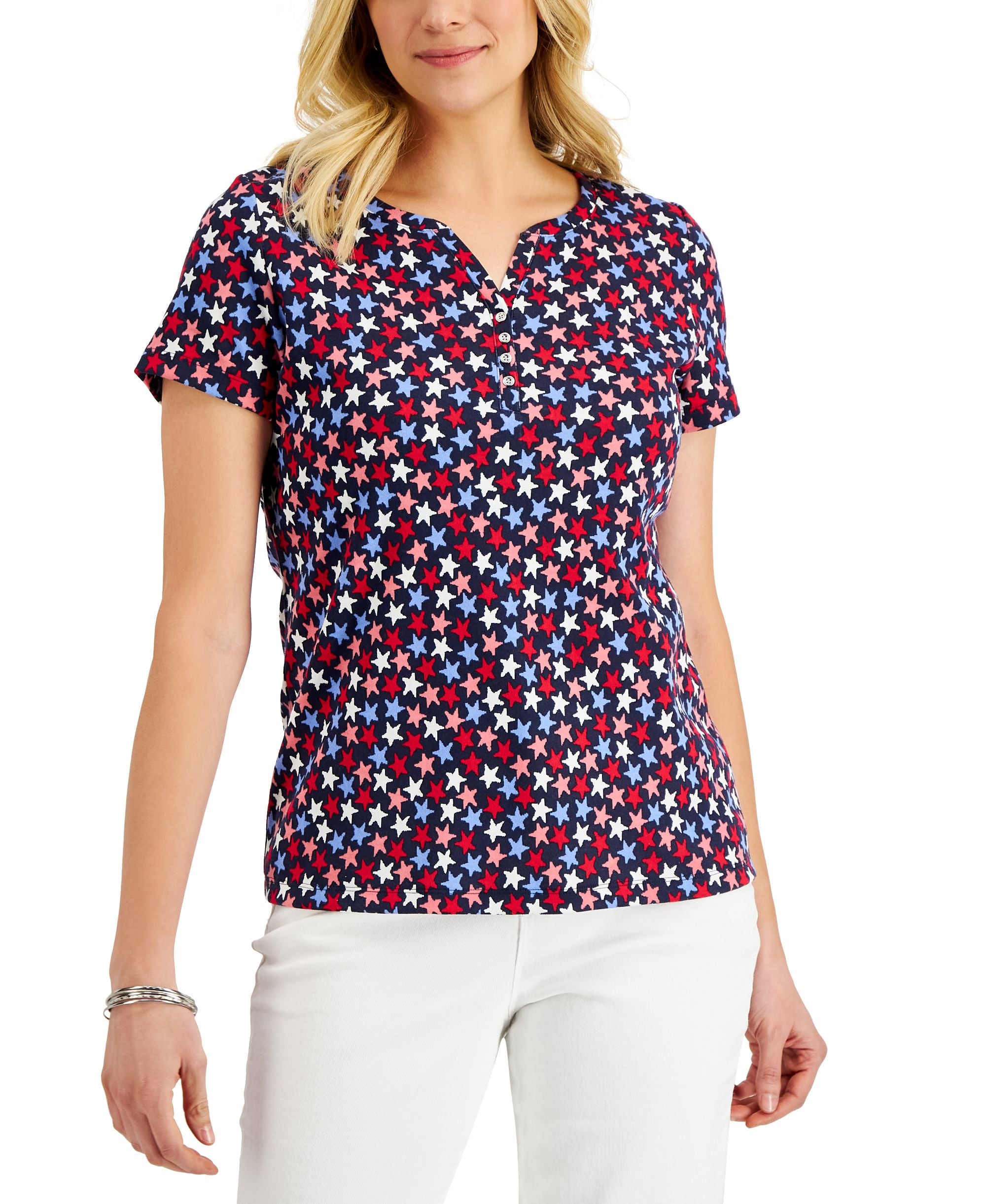 Karen Scott Petite Short-Sleeve Star Henley Premium Top