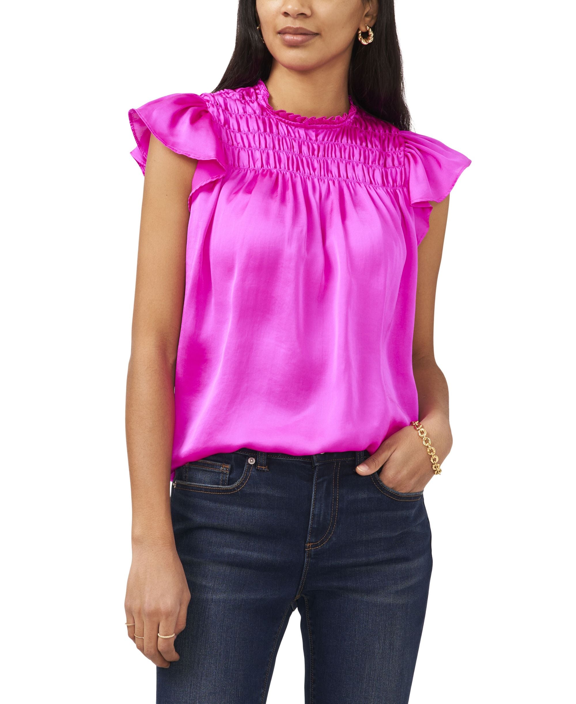 Sam Jess Womens Flutter-Sleeve With Smocking Premium Top