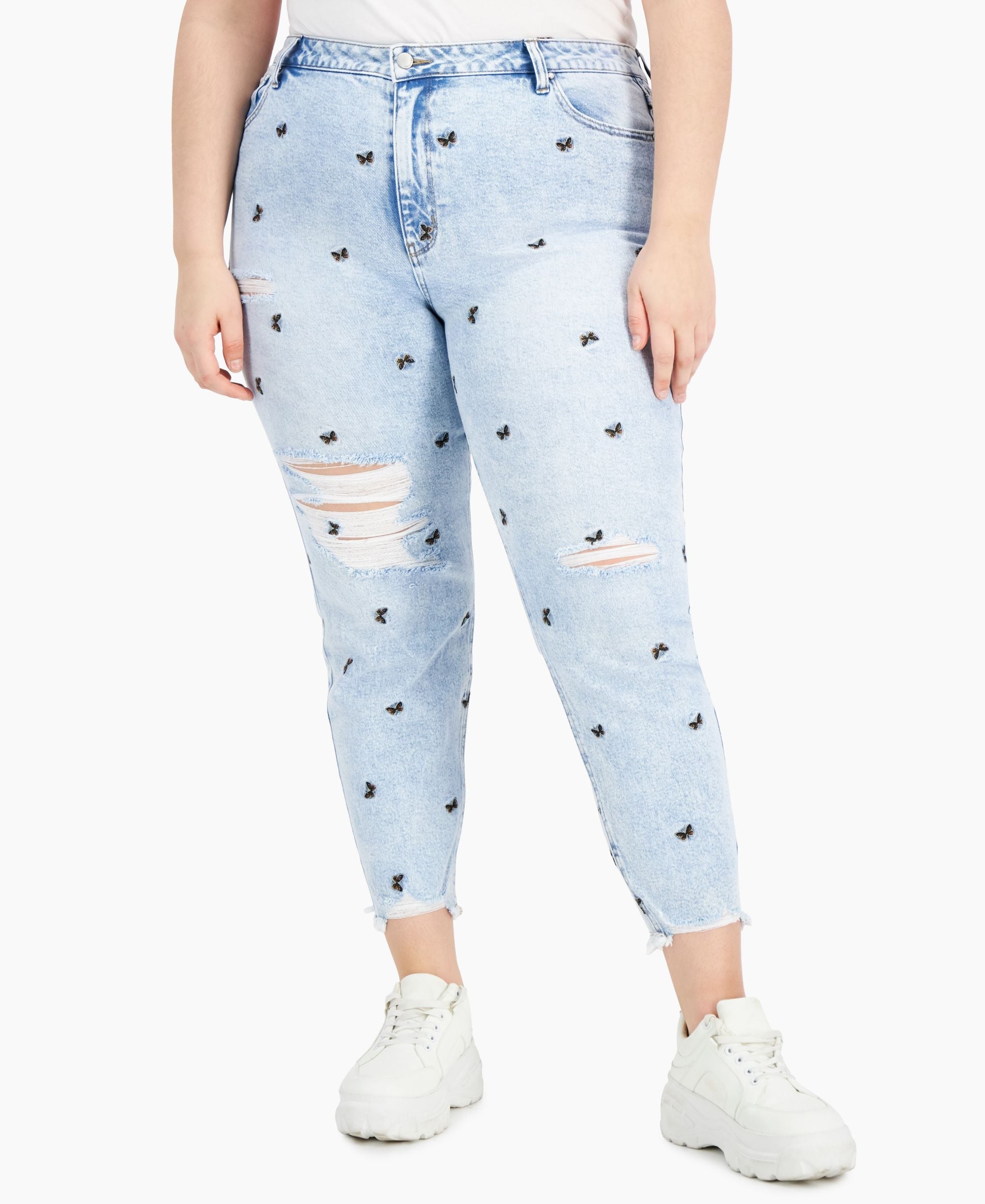Tinseltown Modern Plus Size Ripped Embroidered Mom Premium Jeans