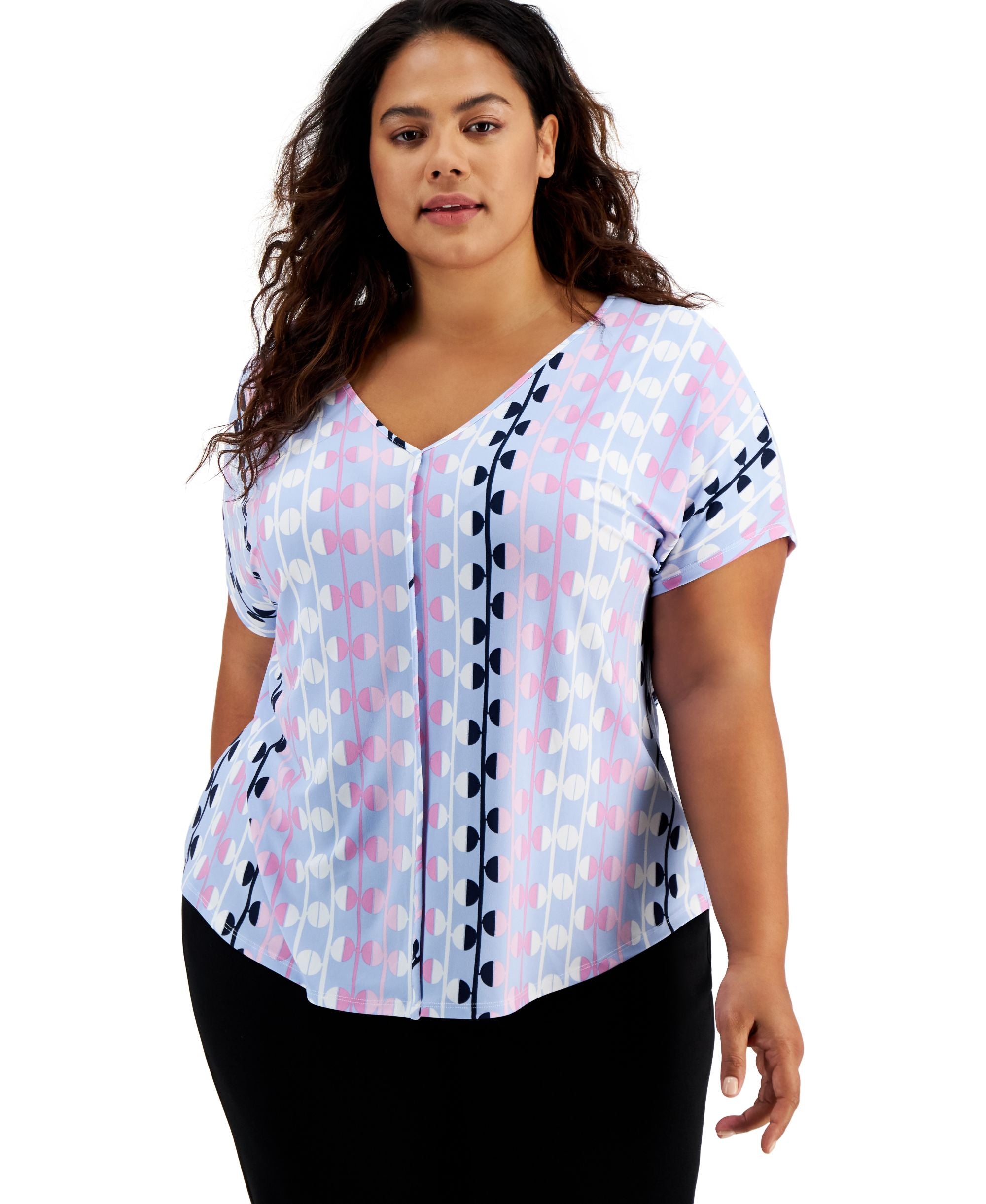Bar III Plus Size Printed Seamed V Neck Premium Top