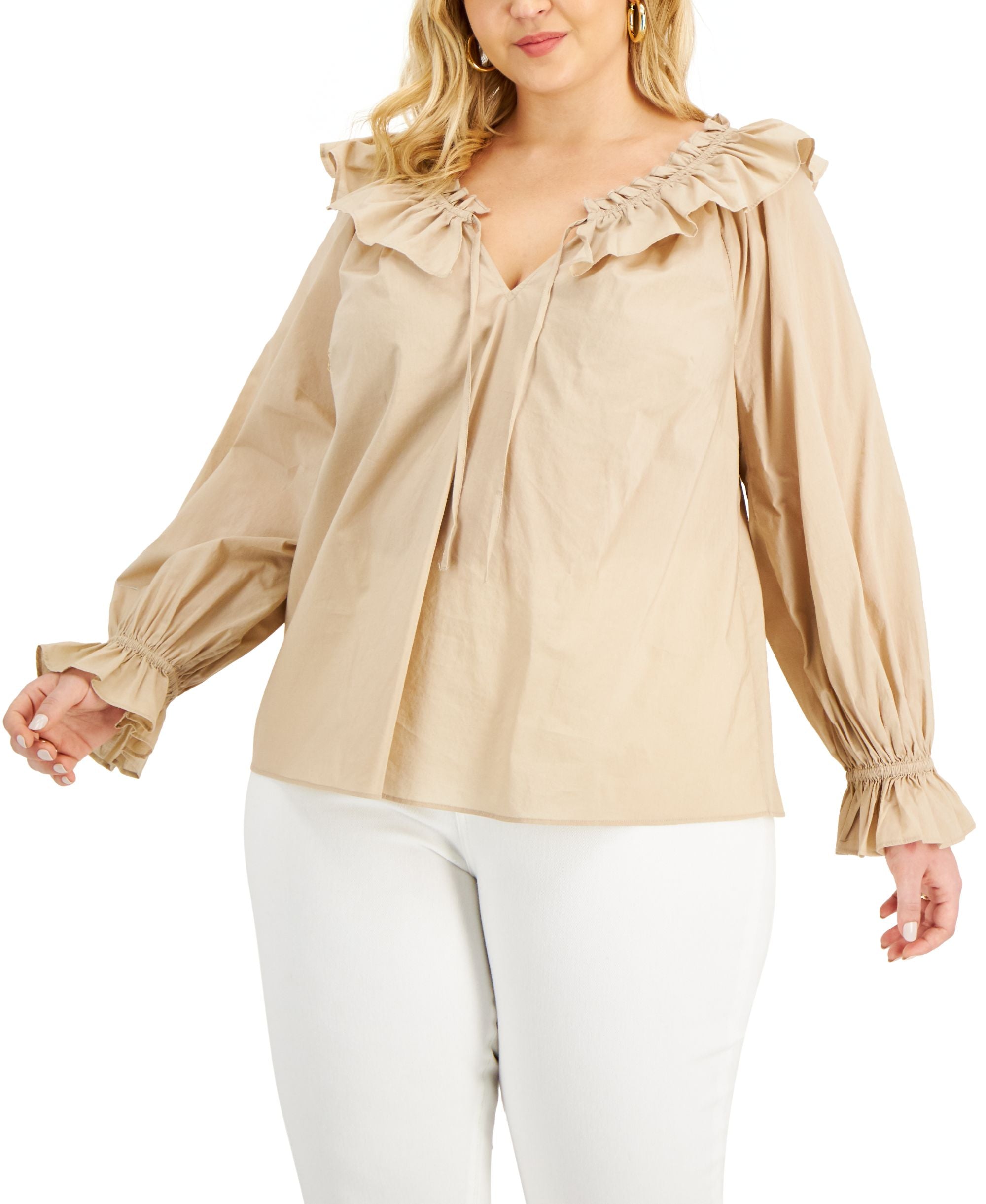 INC International Concepts Plus Size Solid Tie Neck Ruffled Signature Blouse