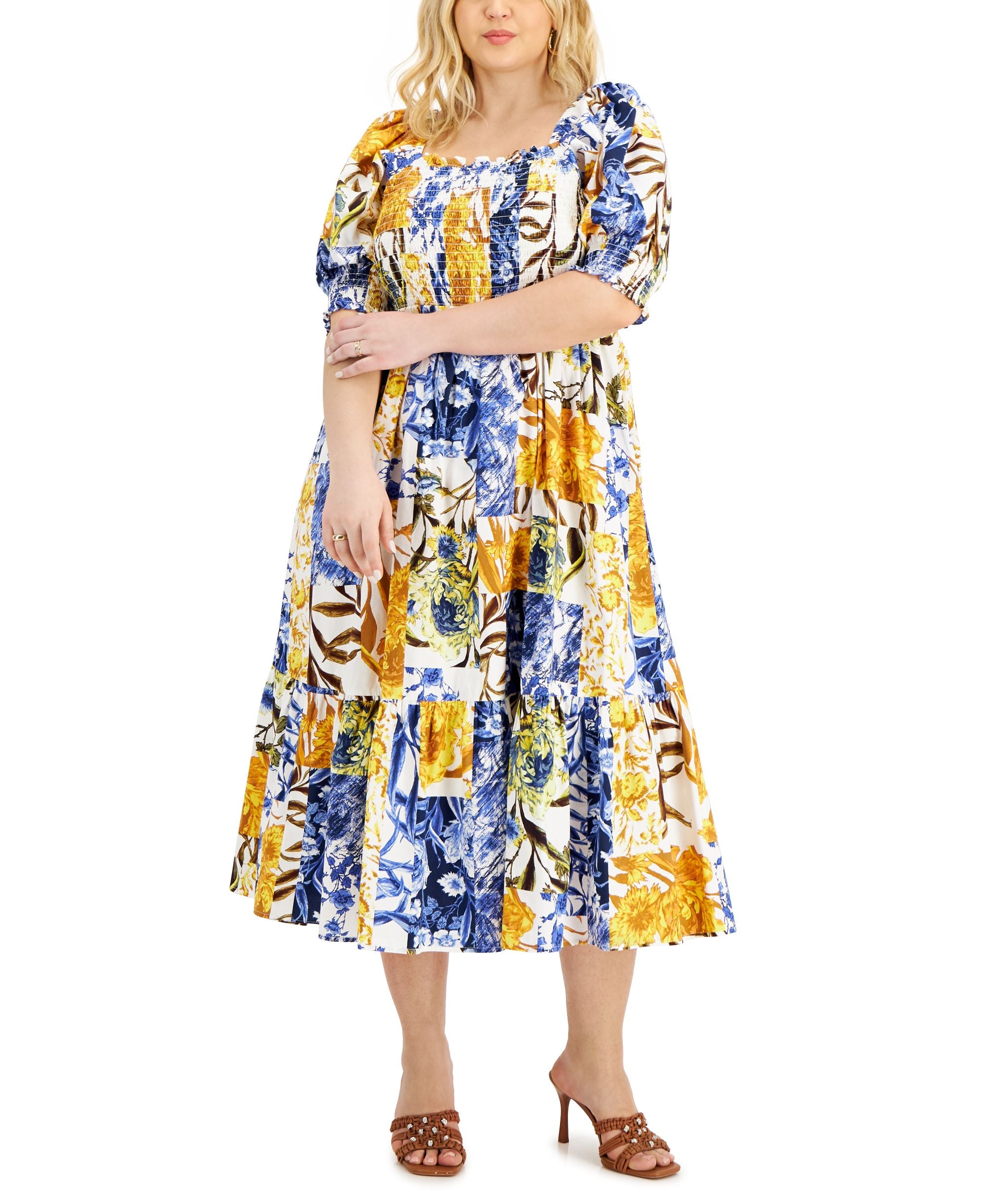 INC International Concepts Plus Size Printed Smocked Puff-Sleeve A-Line Dress