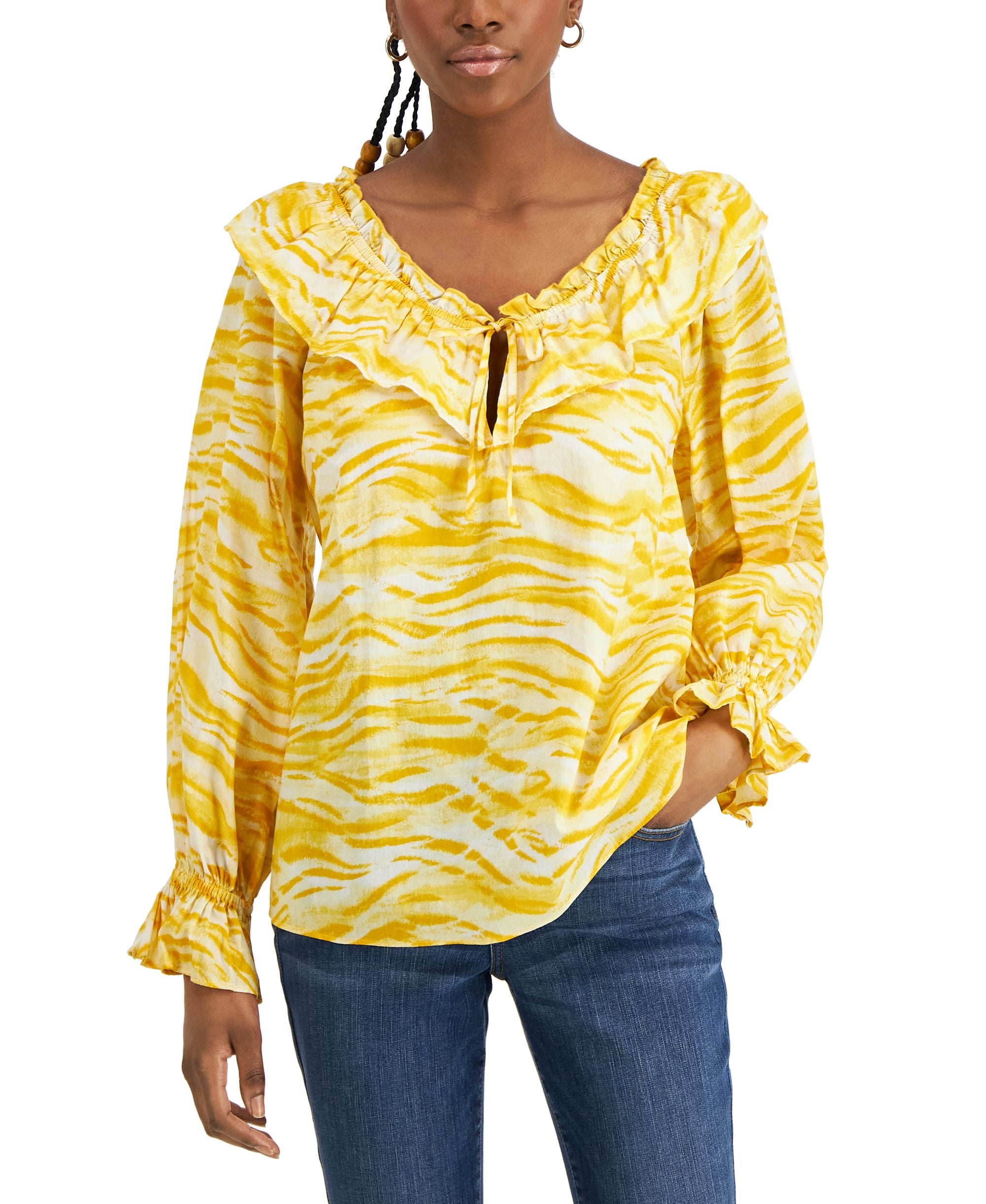 INC International Concepts Petite Tiger Print Tie Front Ruffled Signature Blouse