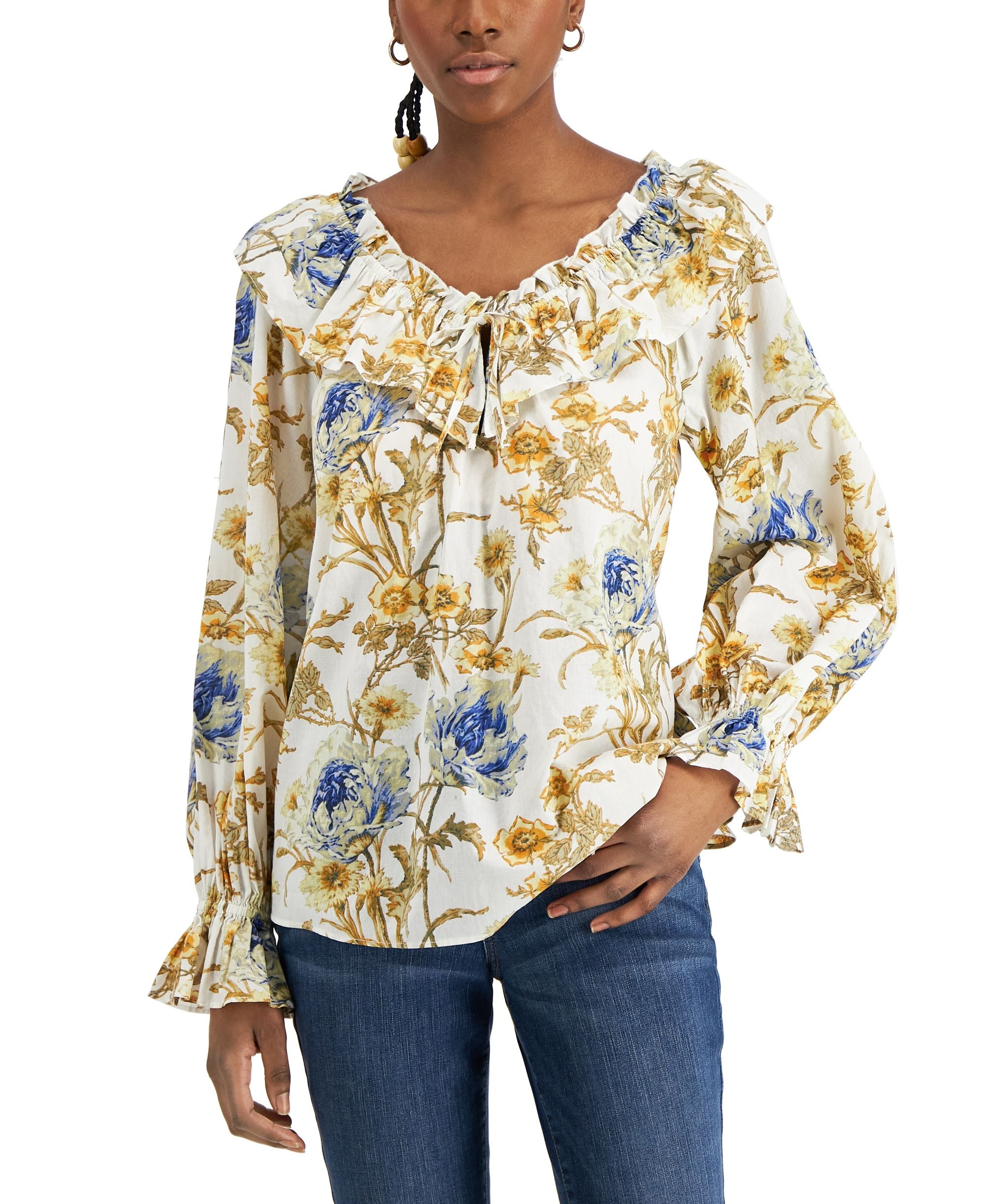 INC International Concepts Printed Cotton Ruffled Signature Blouse