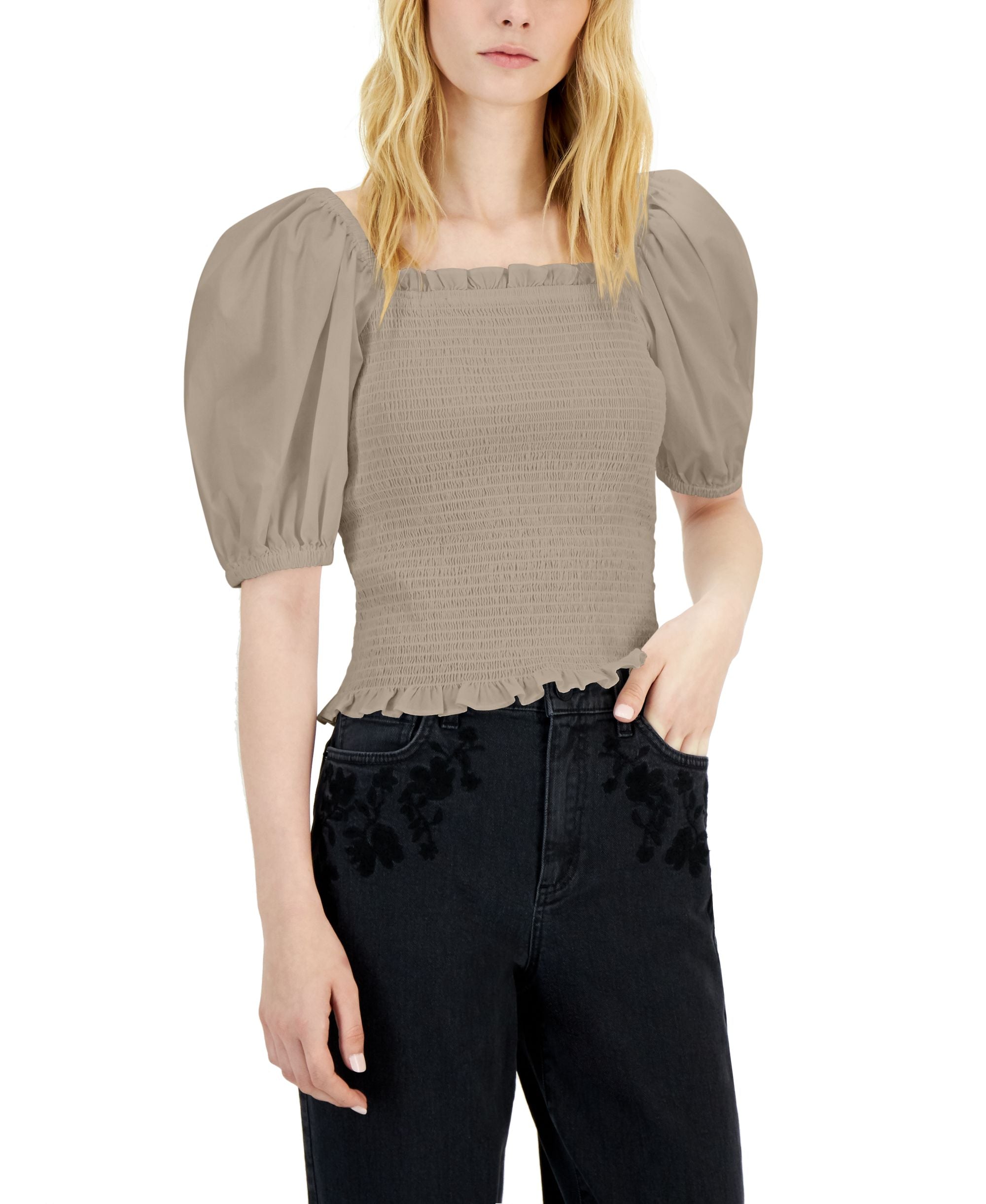 INC International Concepts Womens Puff-Sleeve Smocked Premium Top