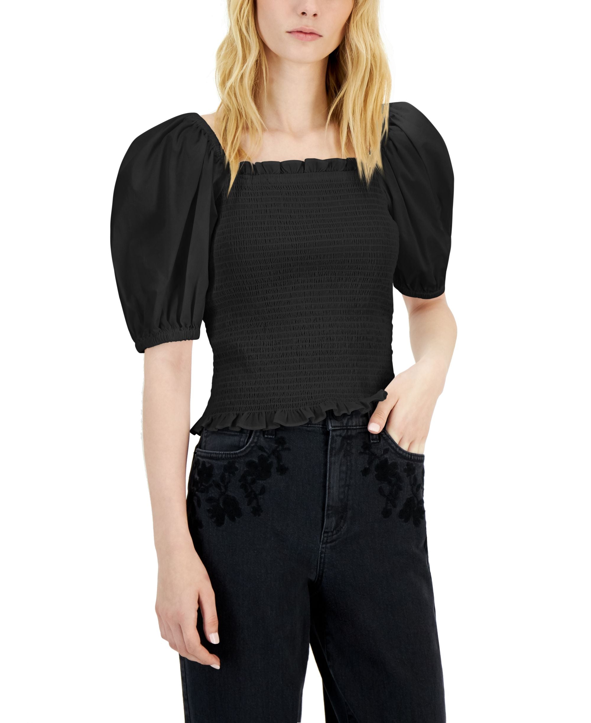 INC International Concepts Womens Puff-Sleeve Smocked Premium Top