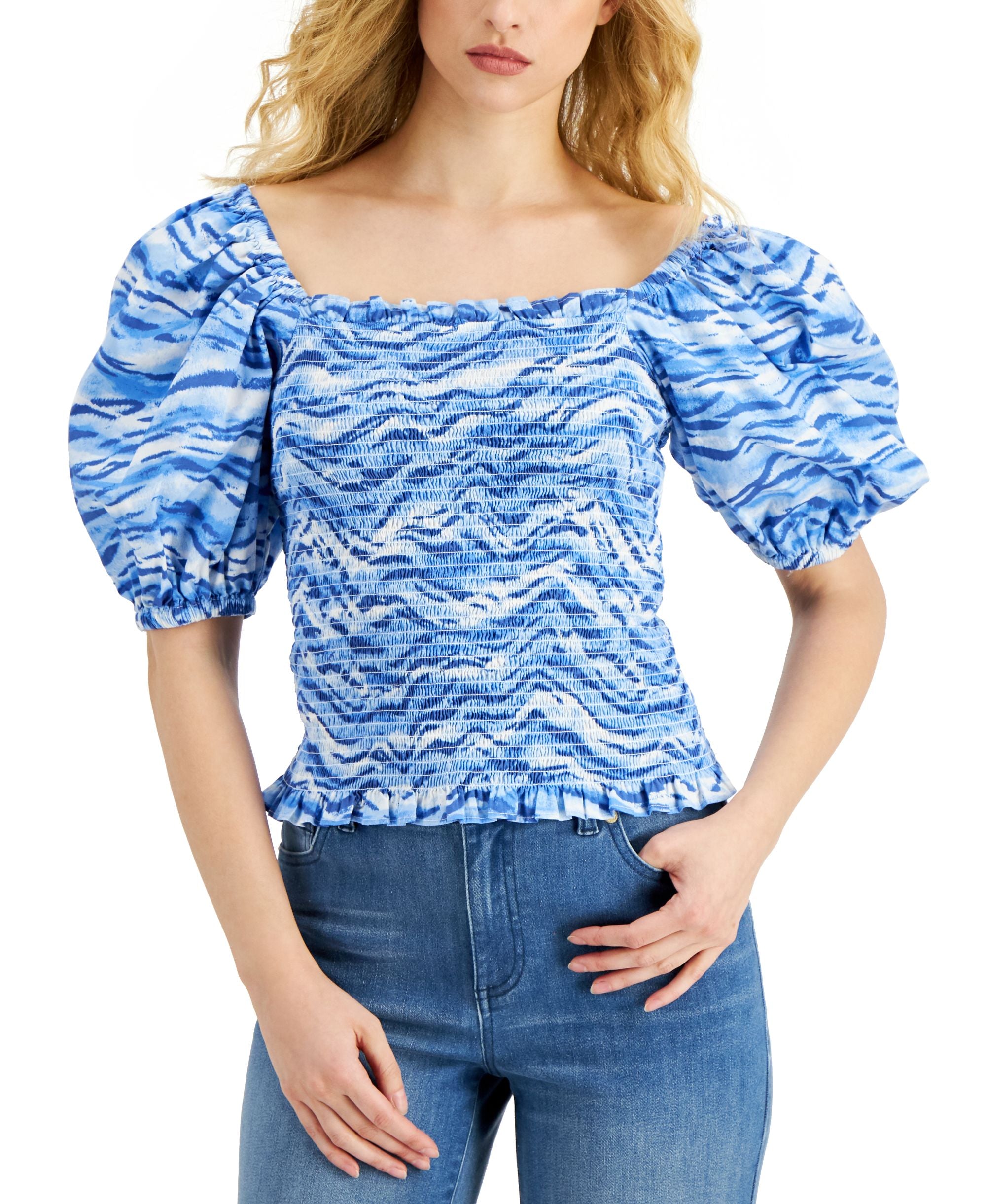 INC International Concepts Womens Tiger Stripe Printed Smocked Premium Top