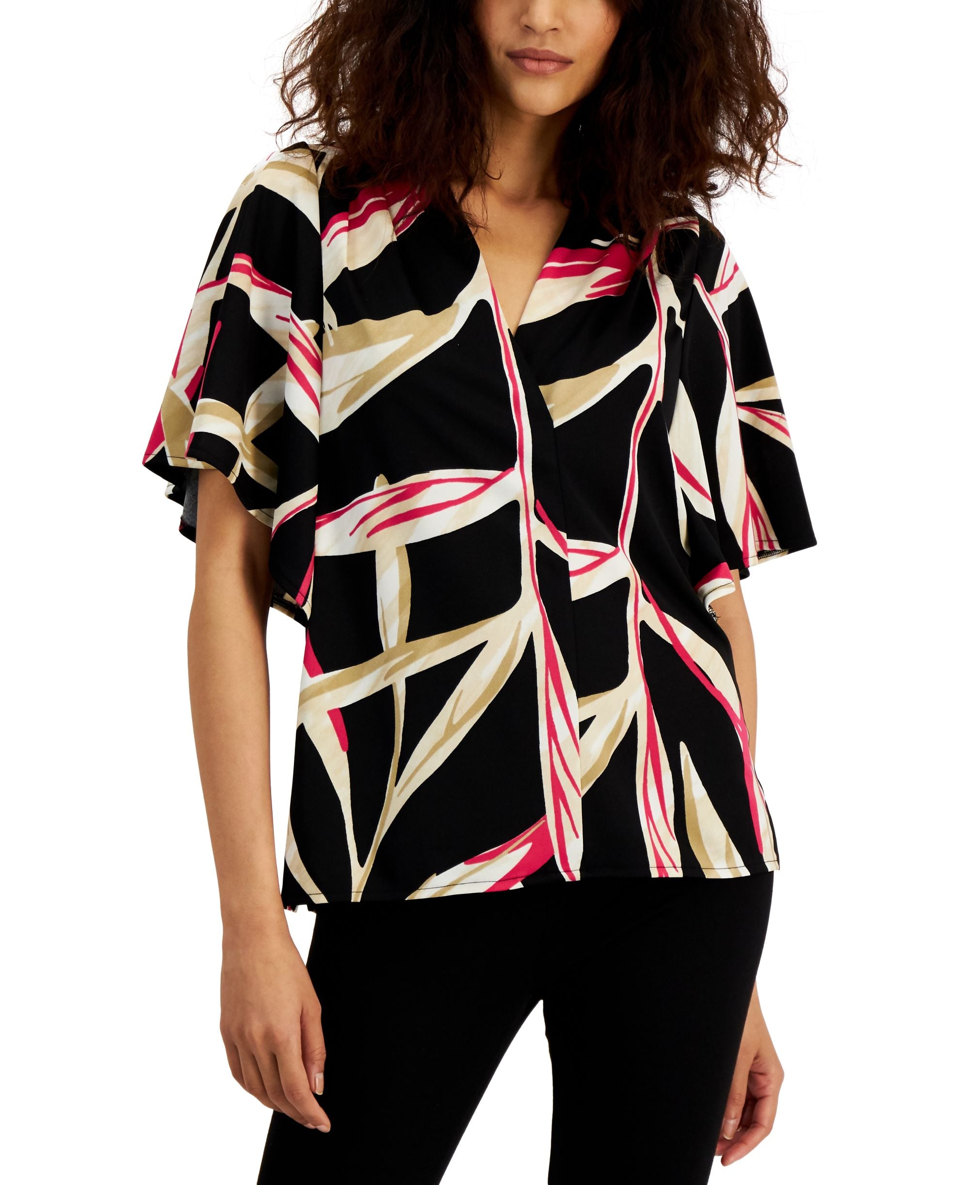 Alfani Womens Mixed Media Flutter-Sleeve Premium Top