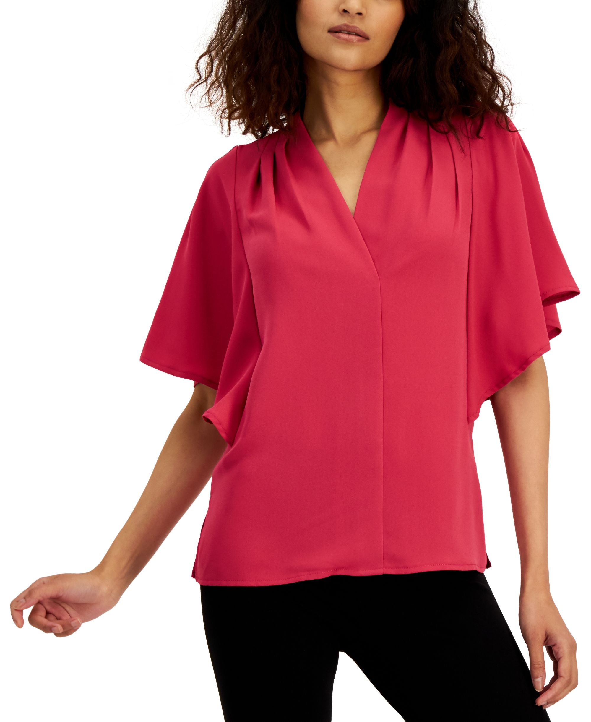 Alfani Womens Mixed Media Flutter-Sleeve Premium Top