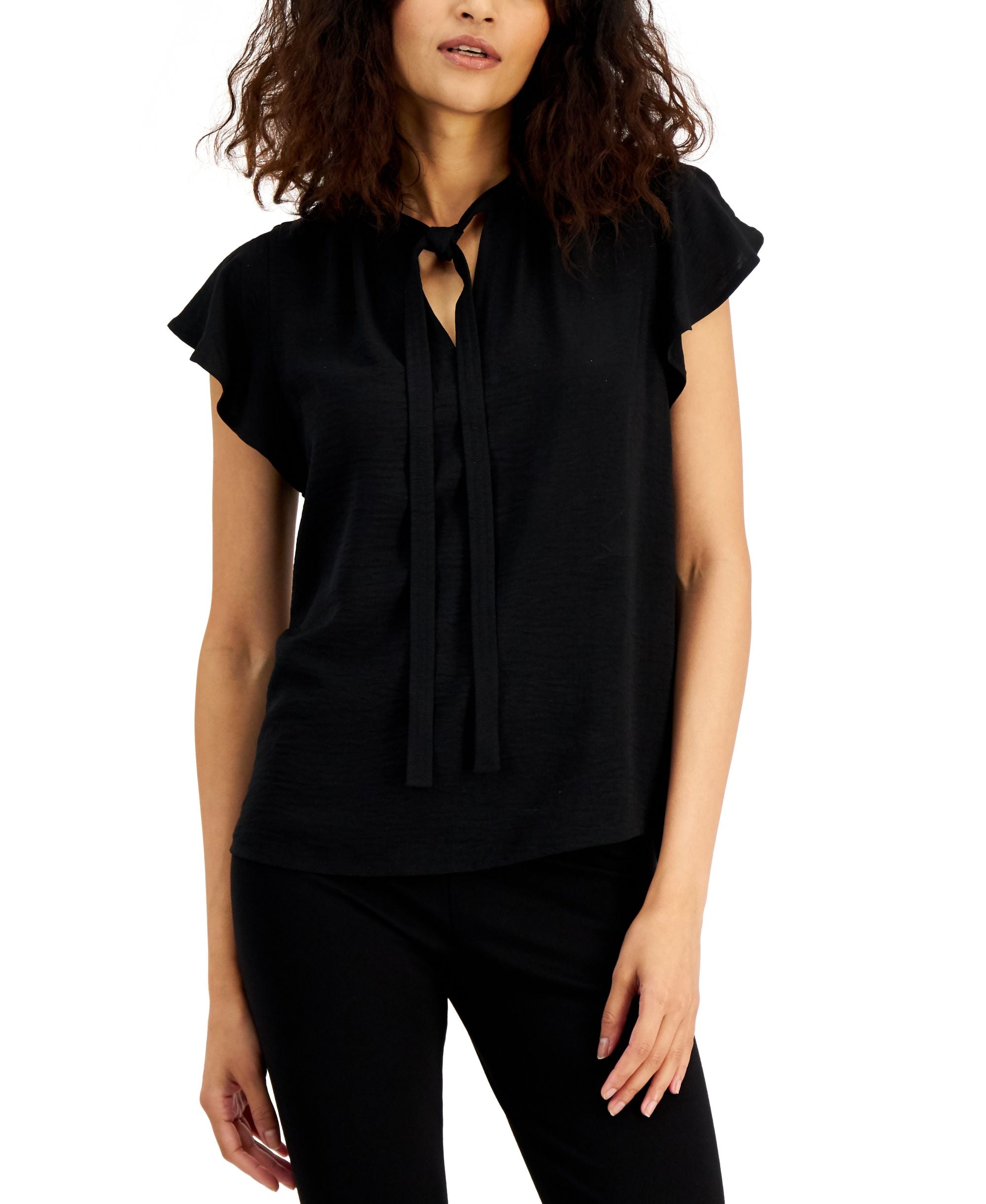 Alfani Womens Tie Neck Flutter-Sleeve Premium Top